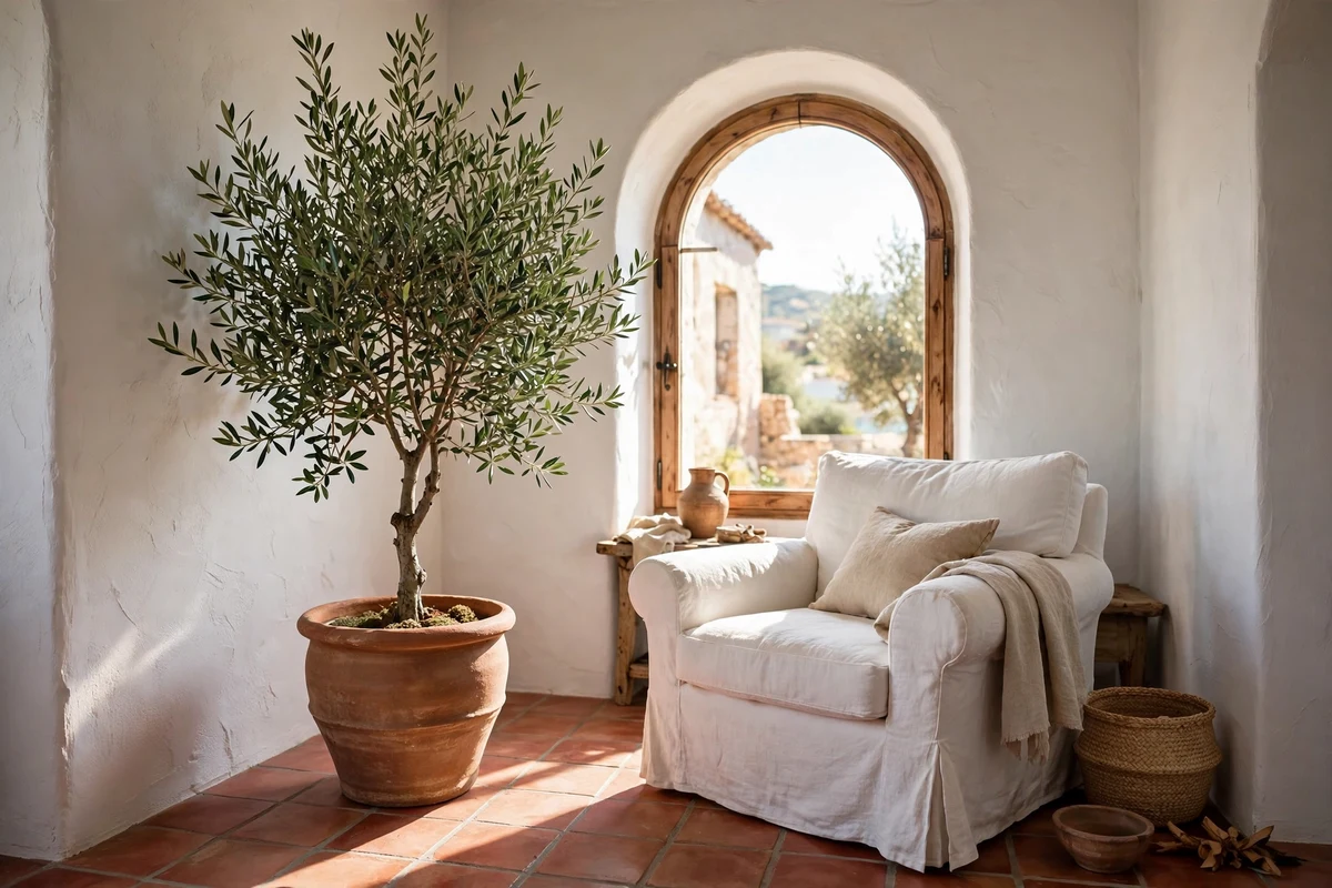Potted olive tree in a clay planter in a Mediterranean living room