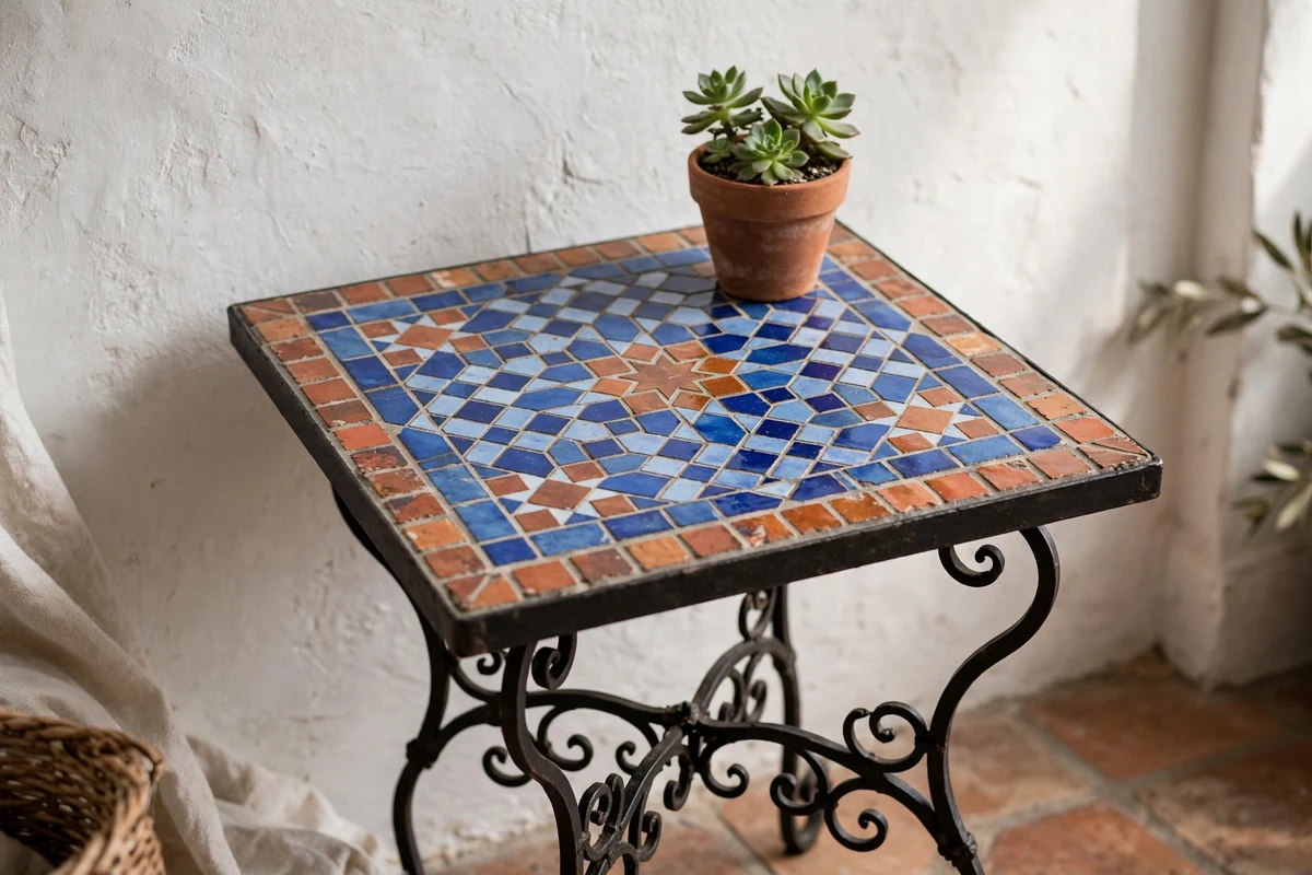 Side table with hand-painted mosaic tile top in a Mediterranean living room