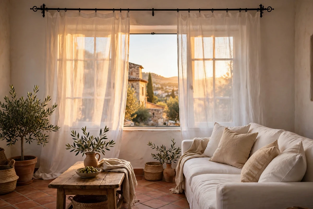 Sheer linen curtains glowing in a Mediterranean living room