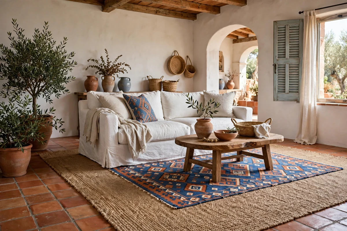 Layered jute and patterned rugs in a Mediterranean living room