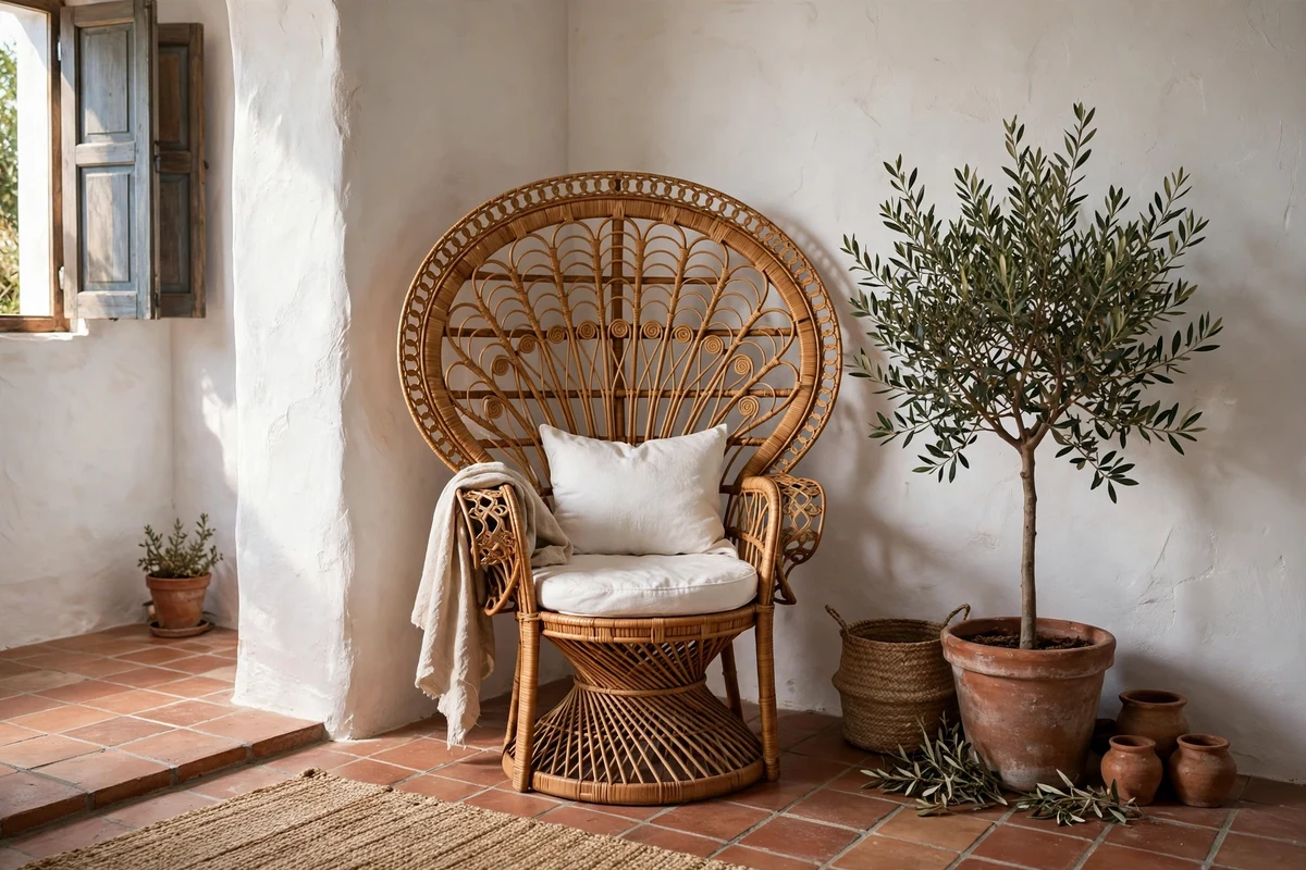 Rattan peacock chair in a Mediterranean living room corner