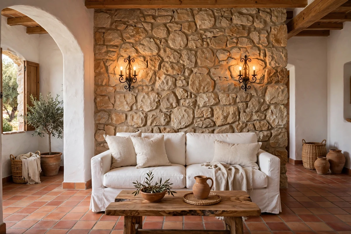 Natural stone accent wall in a Mediterranean living room