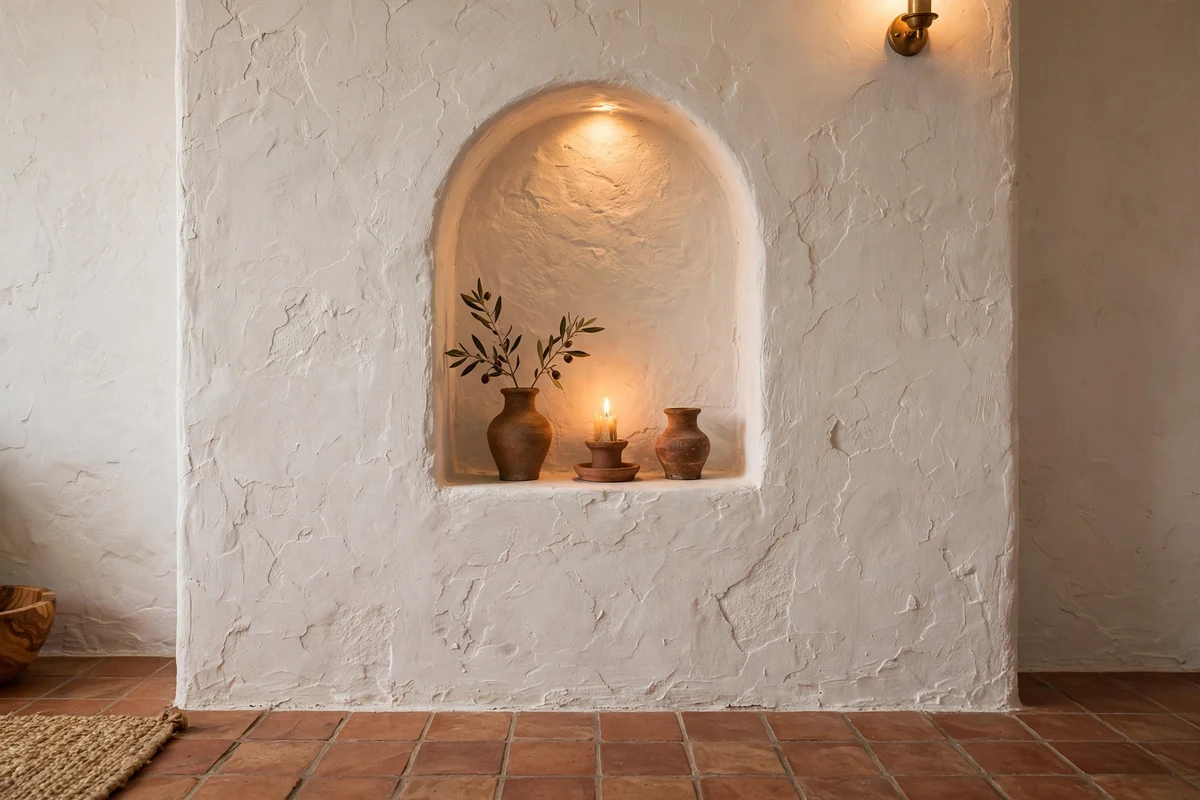 Arched wall niche with ceramics in a Mediterranean living room