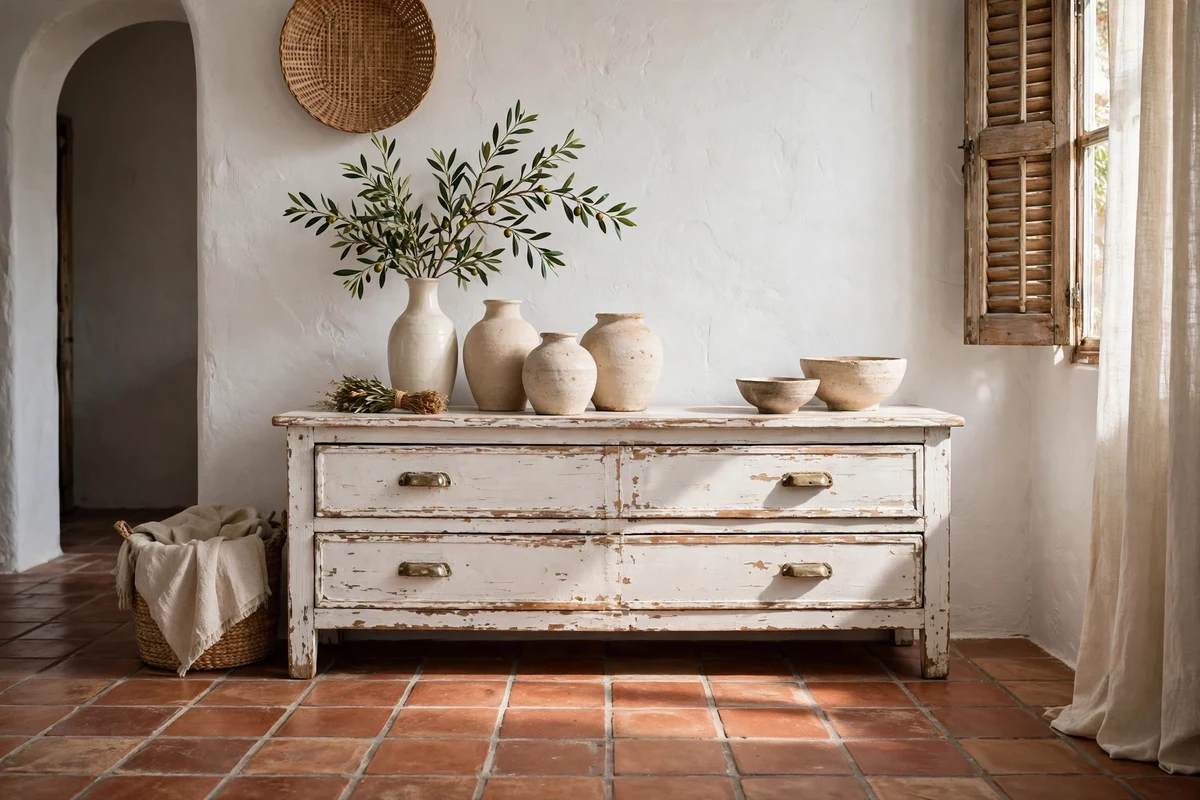 Distressed painted wood cabinet in a Mediterranean living room