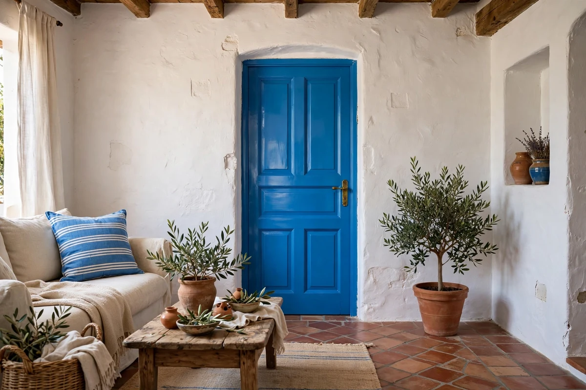 Brilliant blue painted door in a Mediterranean living room