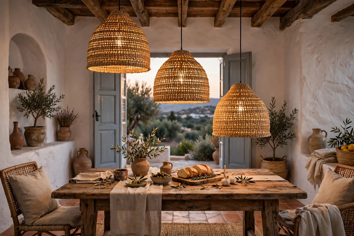 Woven seagrass pendant lights in a Mediterranean living room