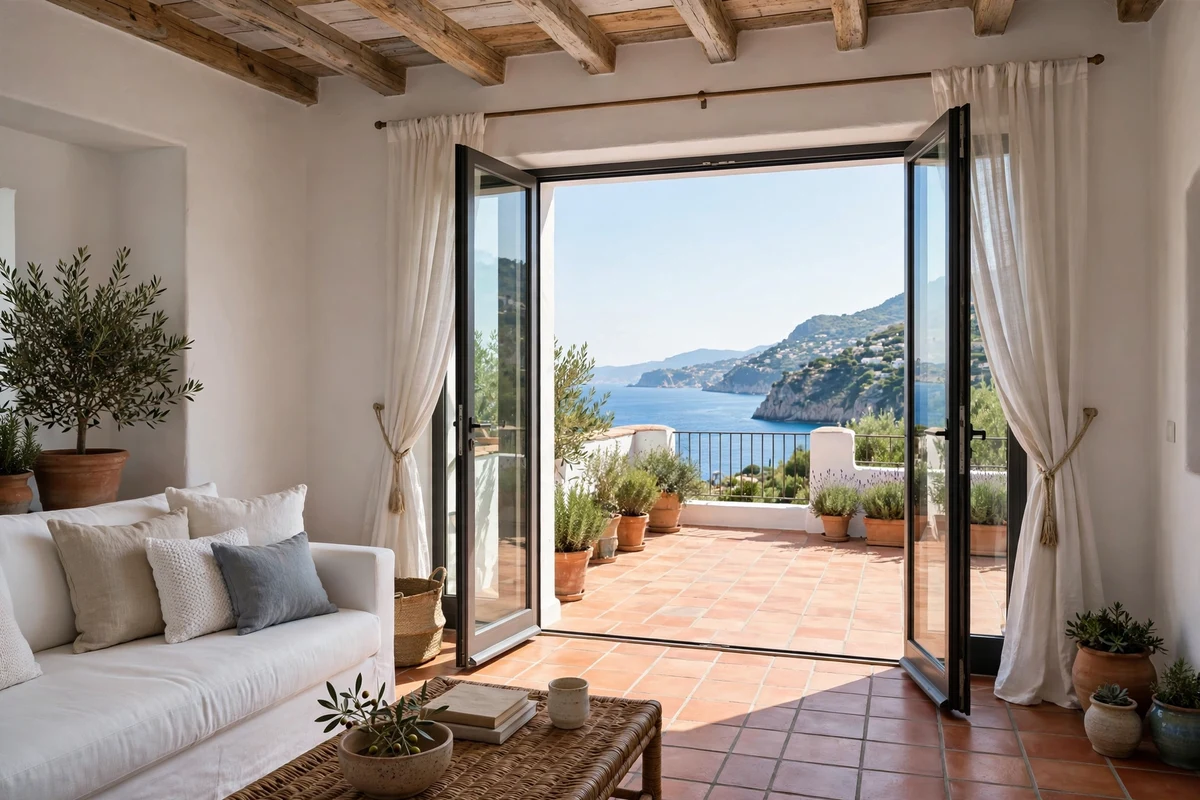 French doors opening to a sea view from a Mediterranean living room