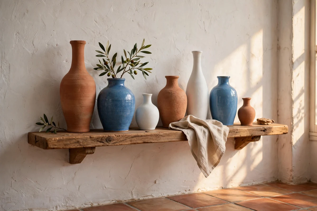 Collection of ceramic vases on a shelf in a Mediterranean living room