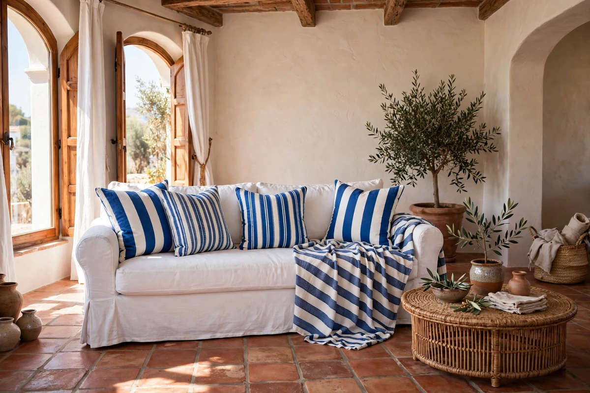Striped blue and white textiles in a Mediterranean living room