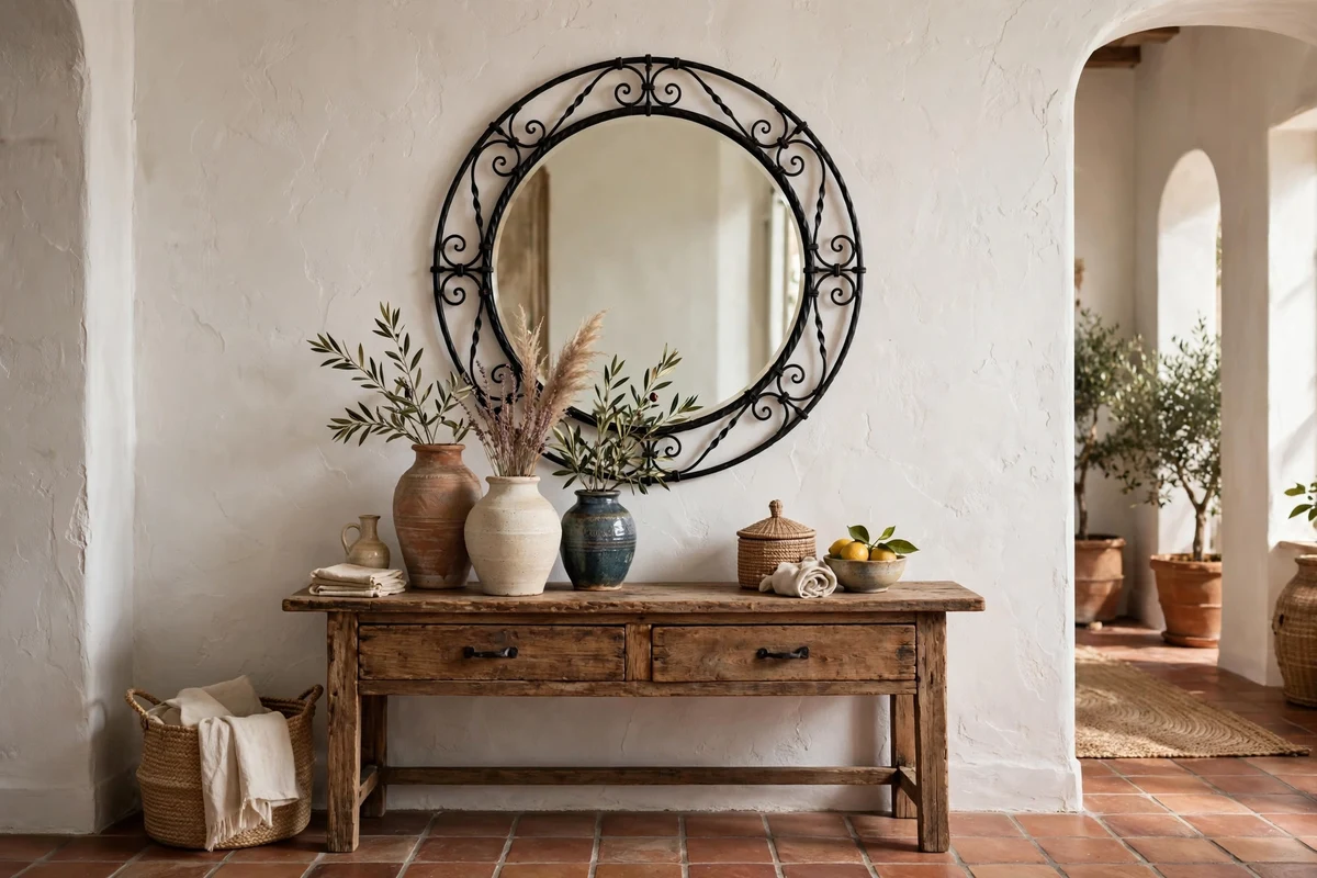 Round wrought iron mirror above a console in a Mediterranean living room