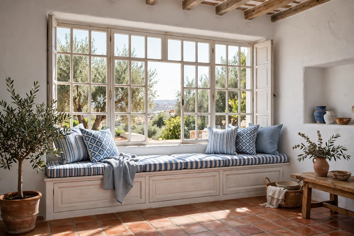 Built-in window seat with striped cushions in a Mediterranean living room