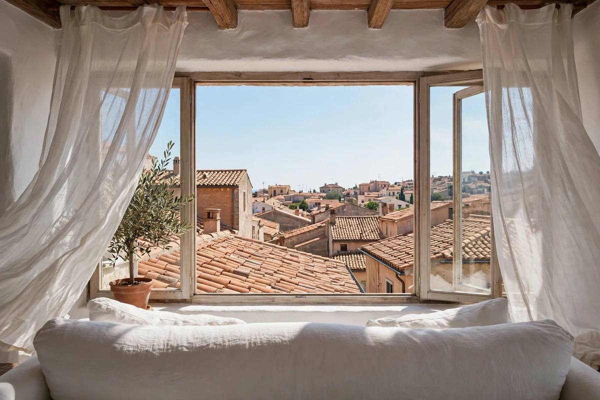 Window framing terracotta rooftops from a Mediterranean living room