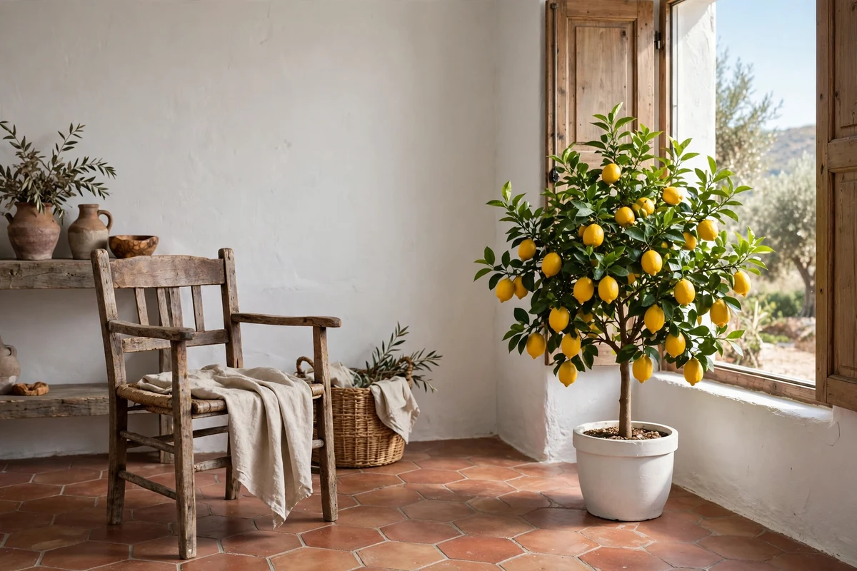 Potted lemon tree in a Mediterranean living room