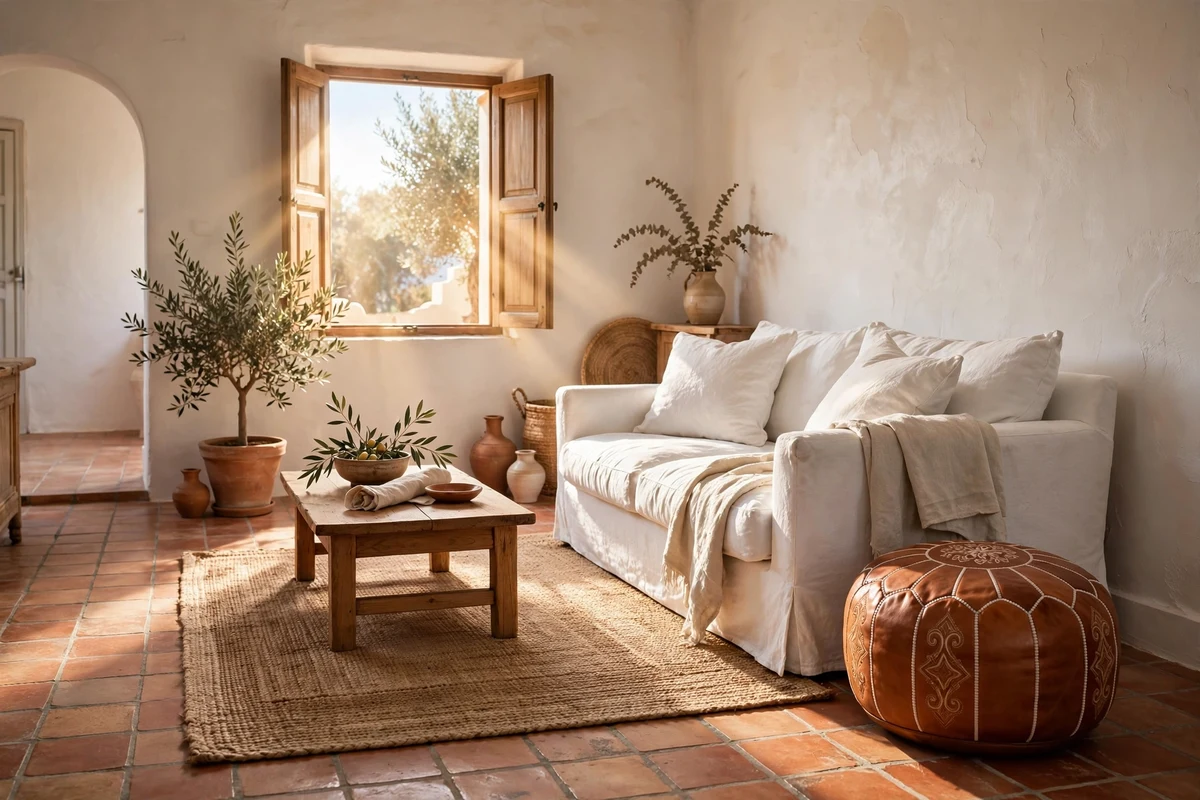 Moroccan leather pouf beside a sofa in a Mediterranean living room
