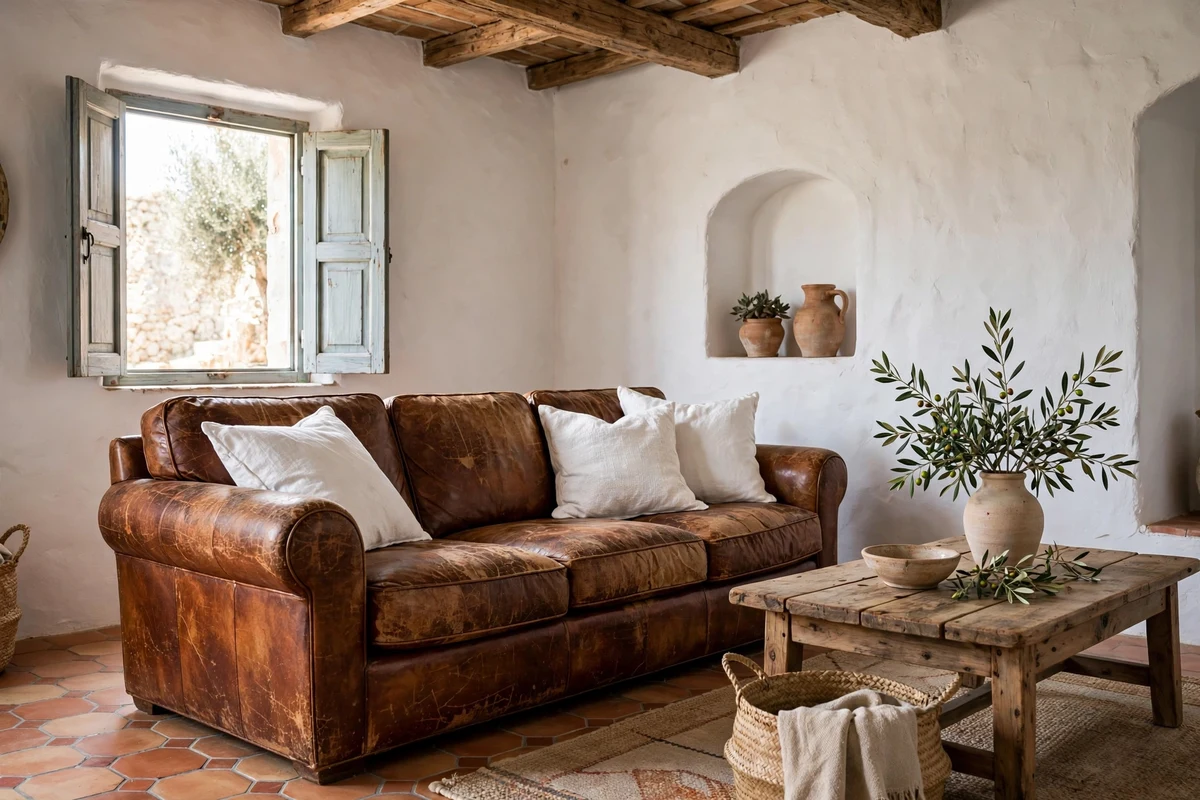 Vintage cognac leather sofa in a Mediterranean living room