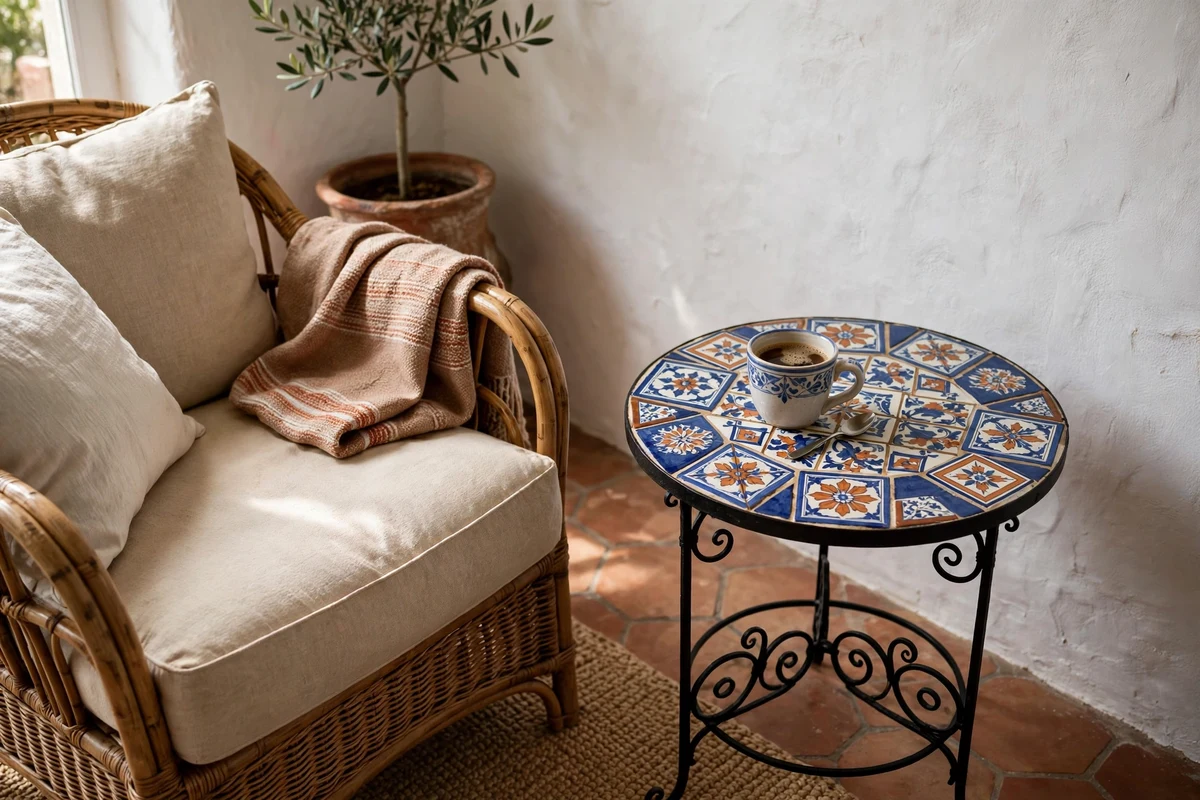 Hand-painted tile top side table in a Mediterranean living room