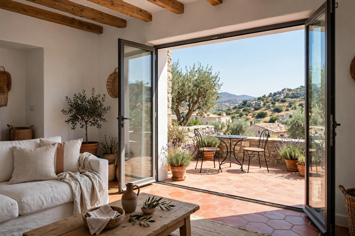 Open doors flowing from a Mediterranean living room to a sunny terrace