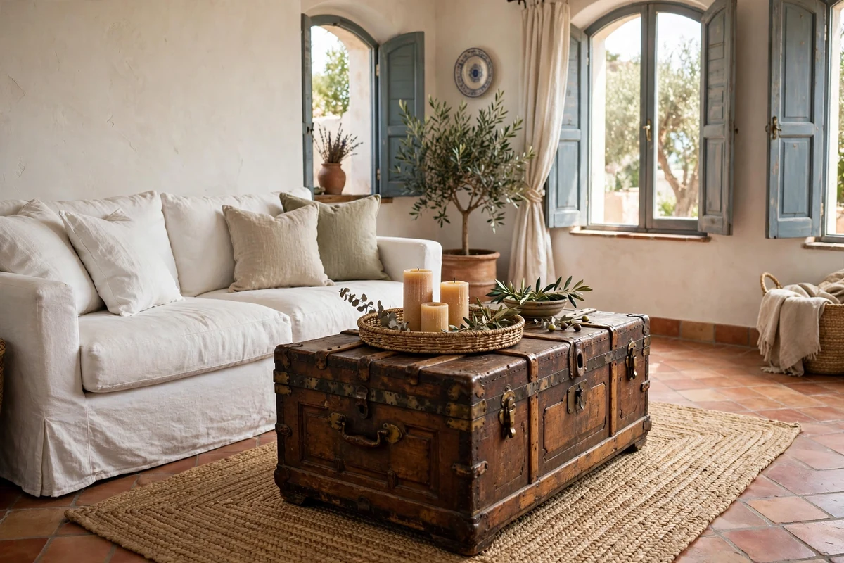 Antique wooden trunk used as a coffee table in a Mediterranean living room