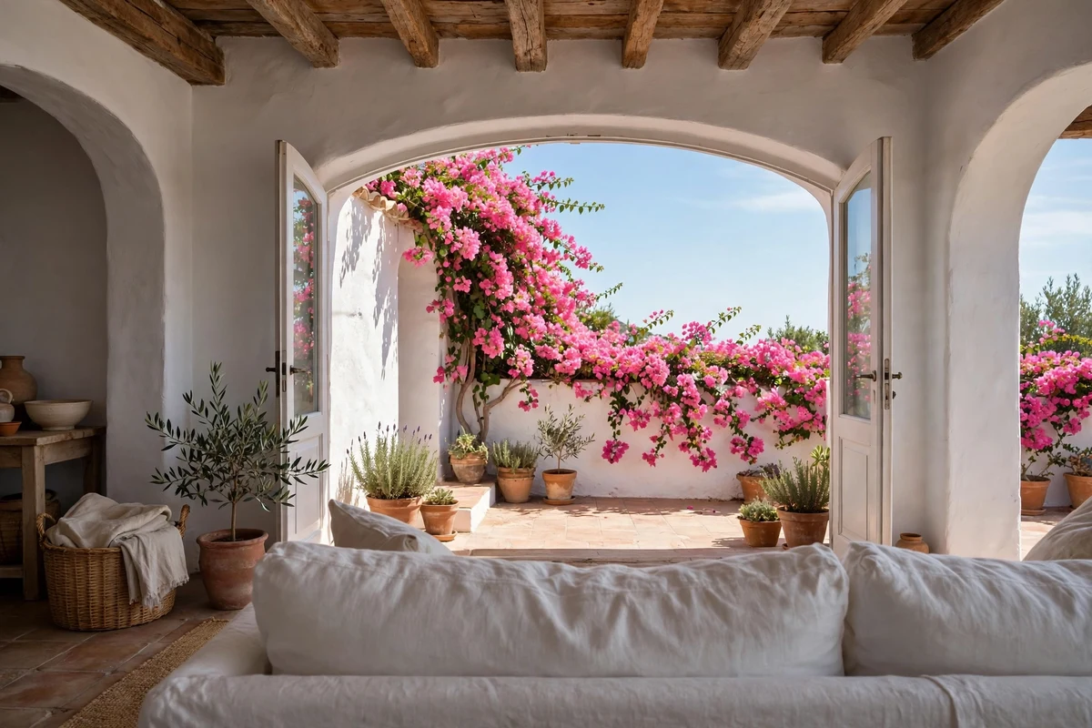 Pink bougainvillea spilling over a terrace seen from a Mediterranean living room
