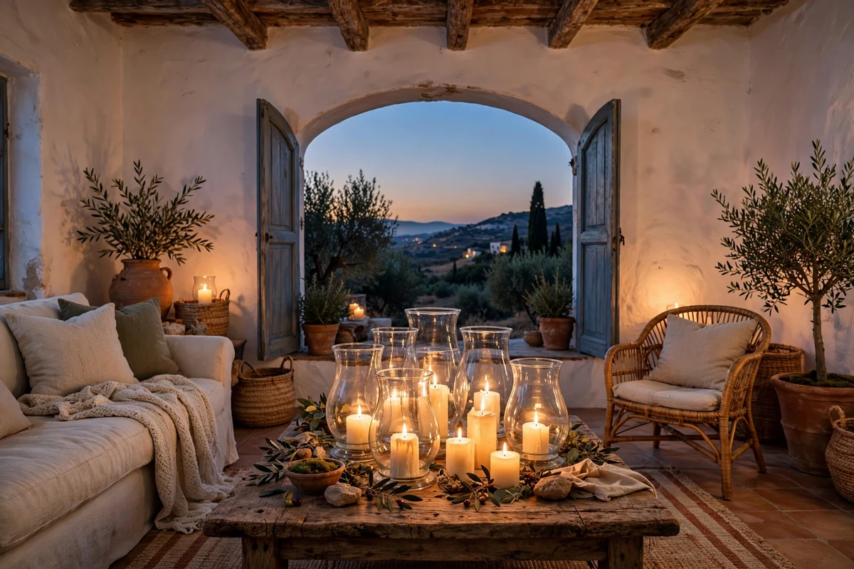 Clustered lanterns and candles glowing in a Mediterranean living room