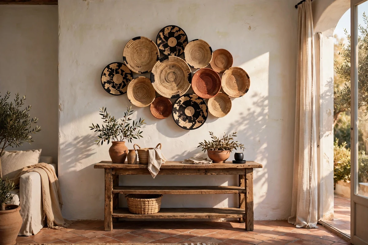 Woven basket wall display in a Mediterranean living room