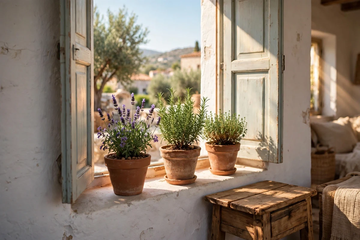 Lavender and herb pots in a sunny Mediterranean living room corner