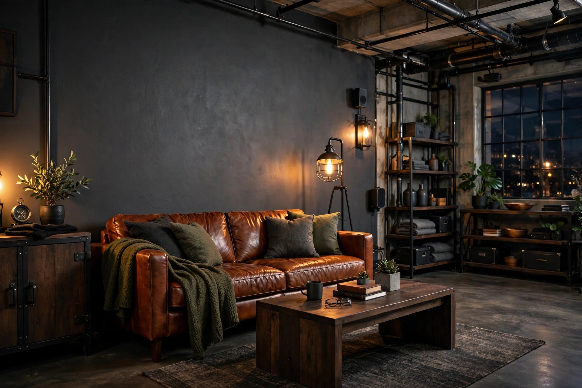 Masculine studio apartment with charcoal accent wall behind leather sofa and dark wood furniture