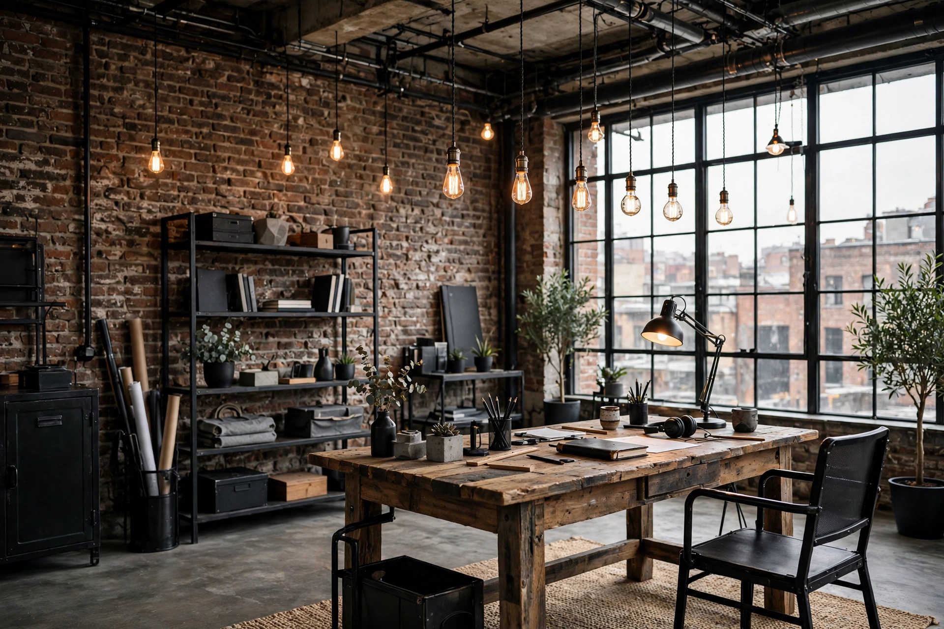 Industrial masculine studio with exposed brick accent wall and black metal furniture