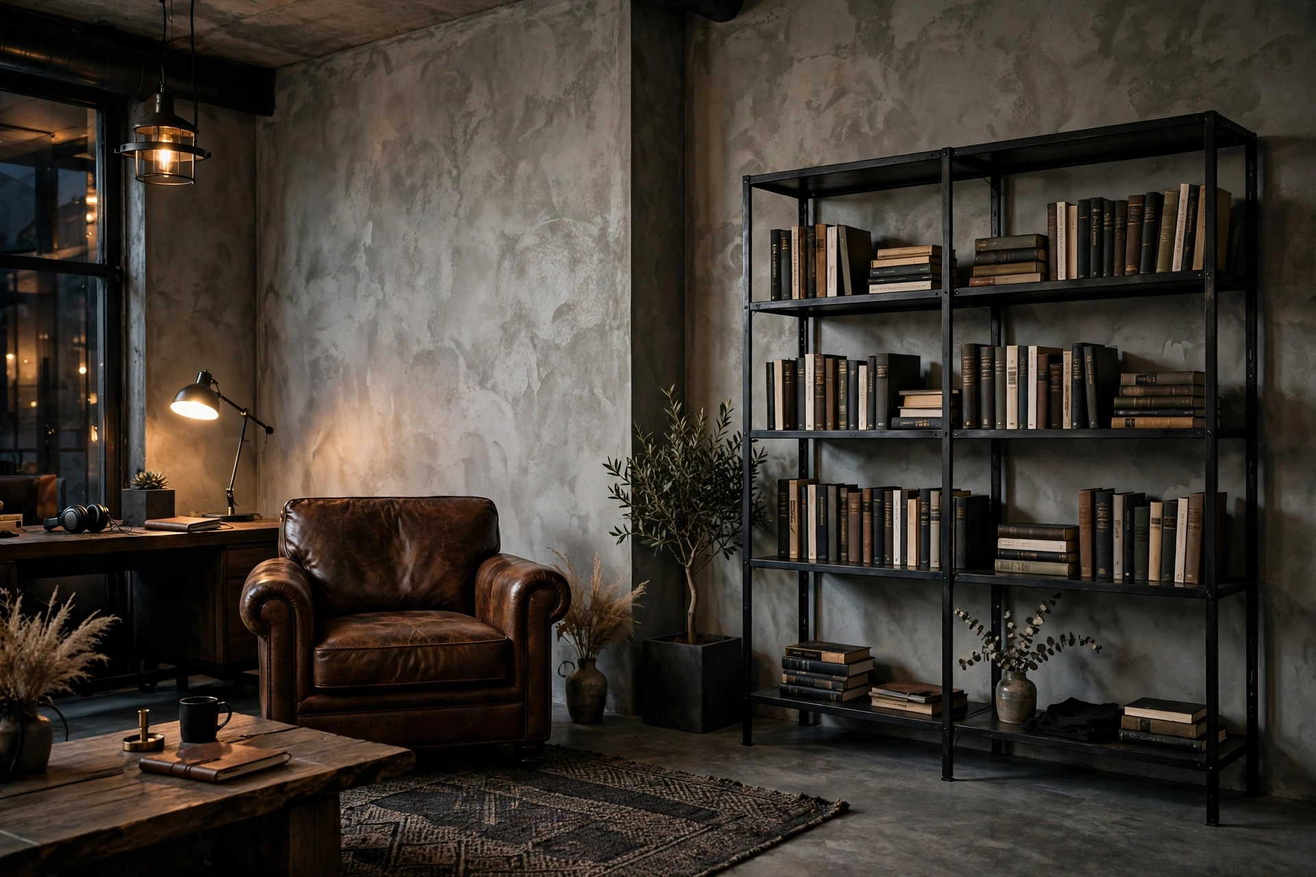 Masculine studio with concrete limewash walls and black steel shelving