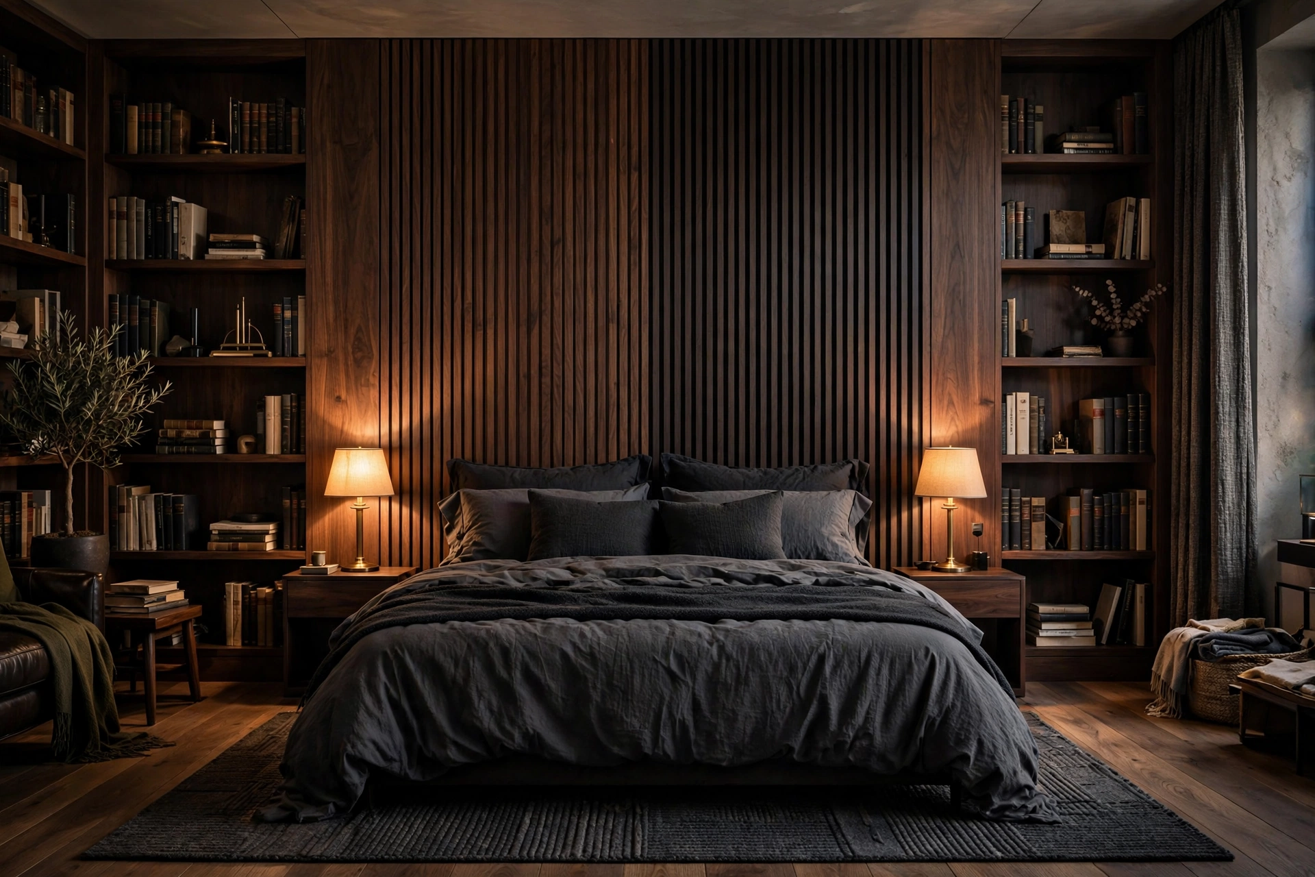 Dark walnut wood slat paneling behind a bed in a masculine studio apartment