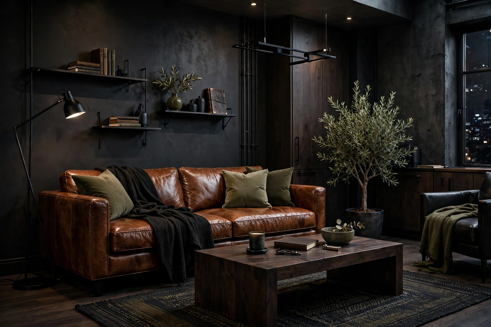 Masculine studio living area in charcoal olive cognac and black color palette