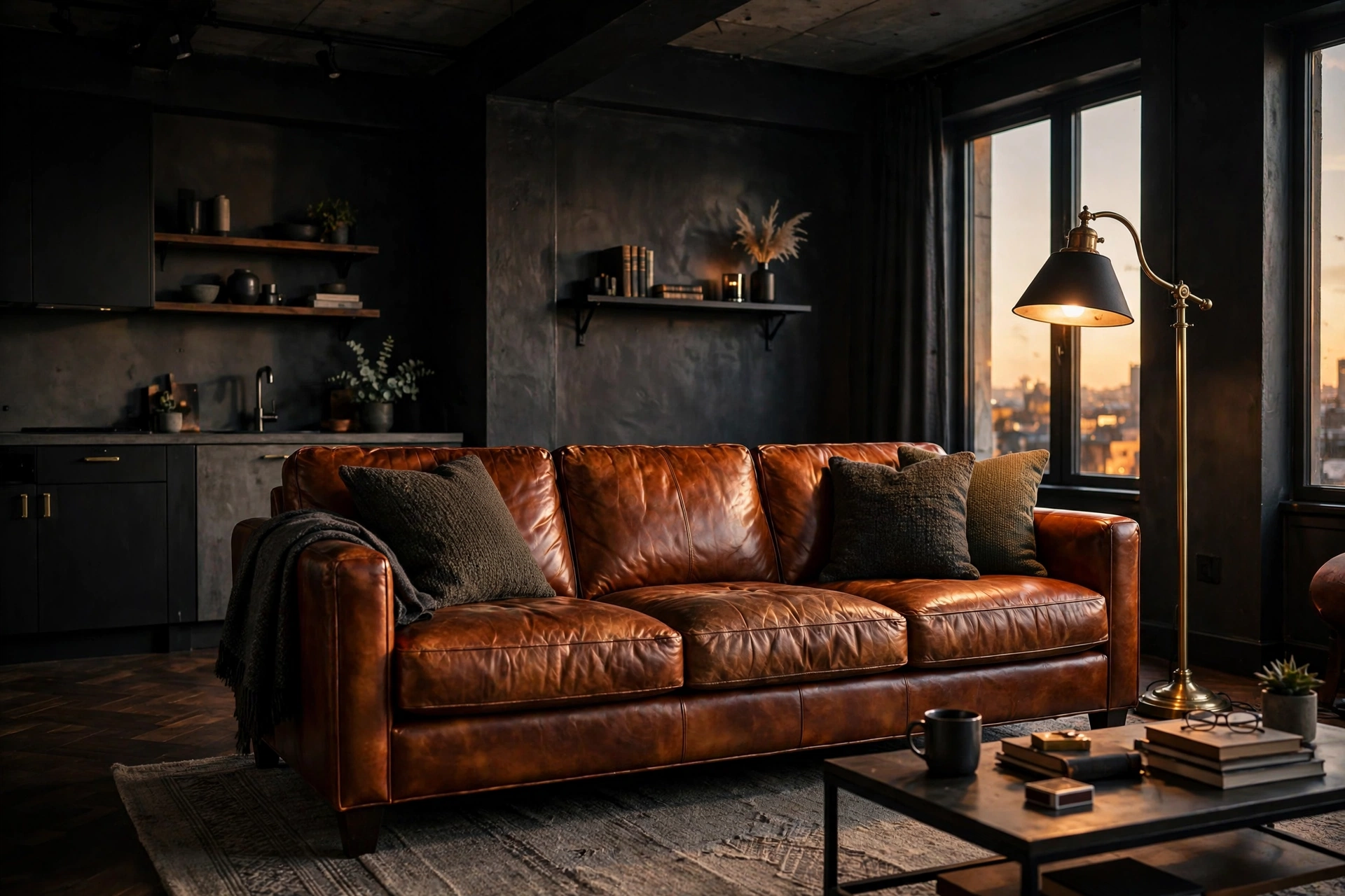 Cognac leather sofa as centerpiece of a masculine studio apartment living area