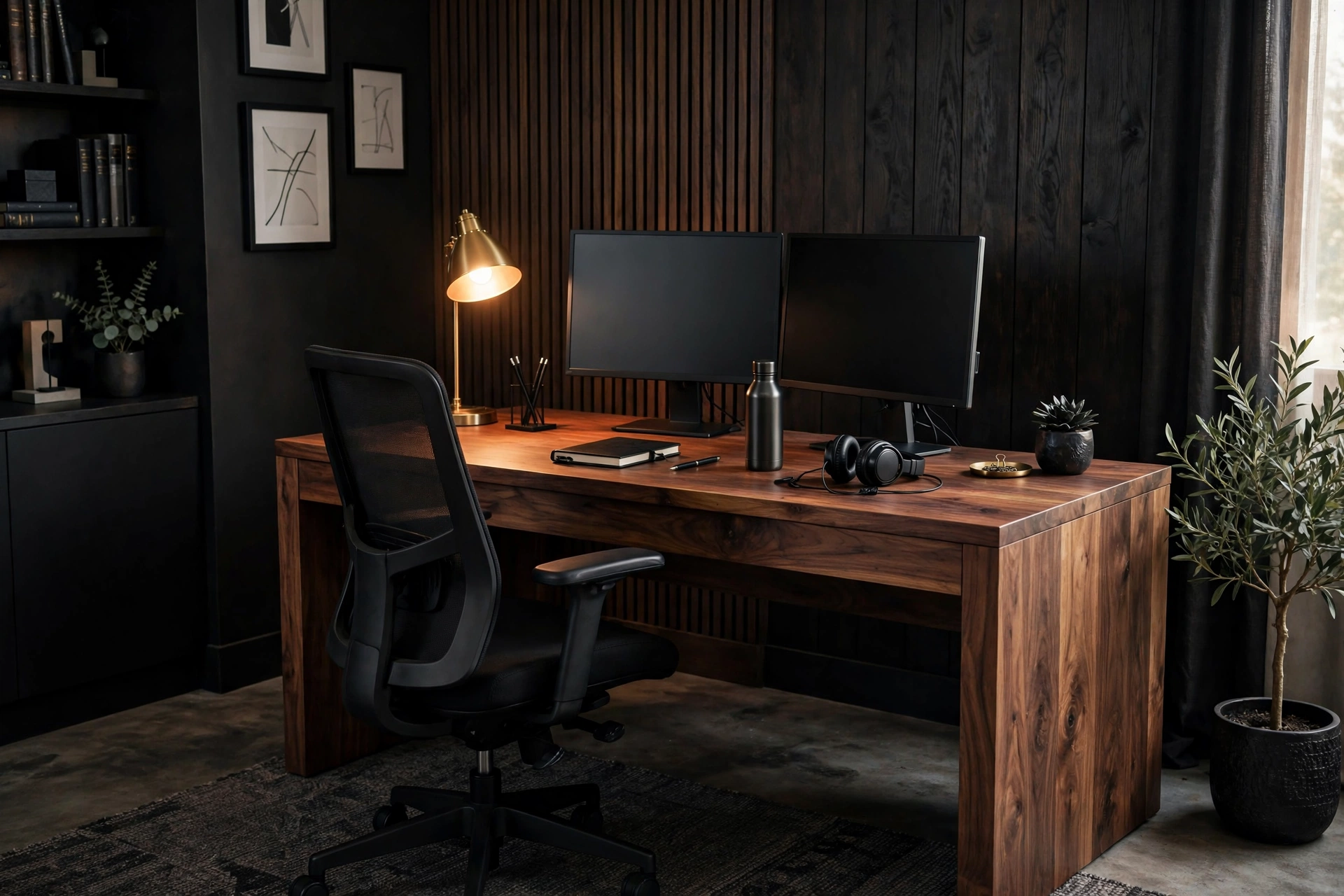 Solid walnut desk with dual monitors in a masculine studio home office corner