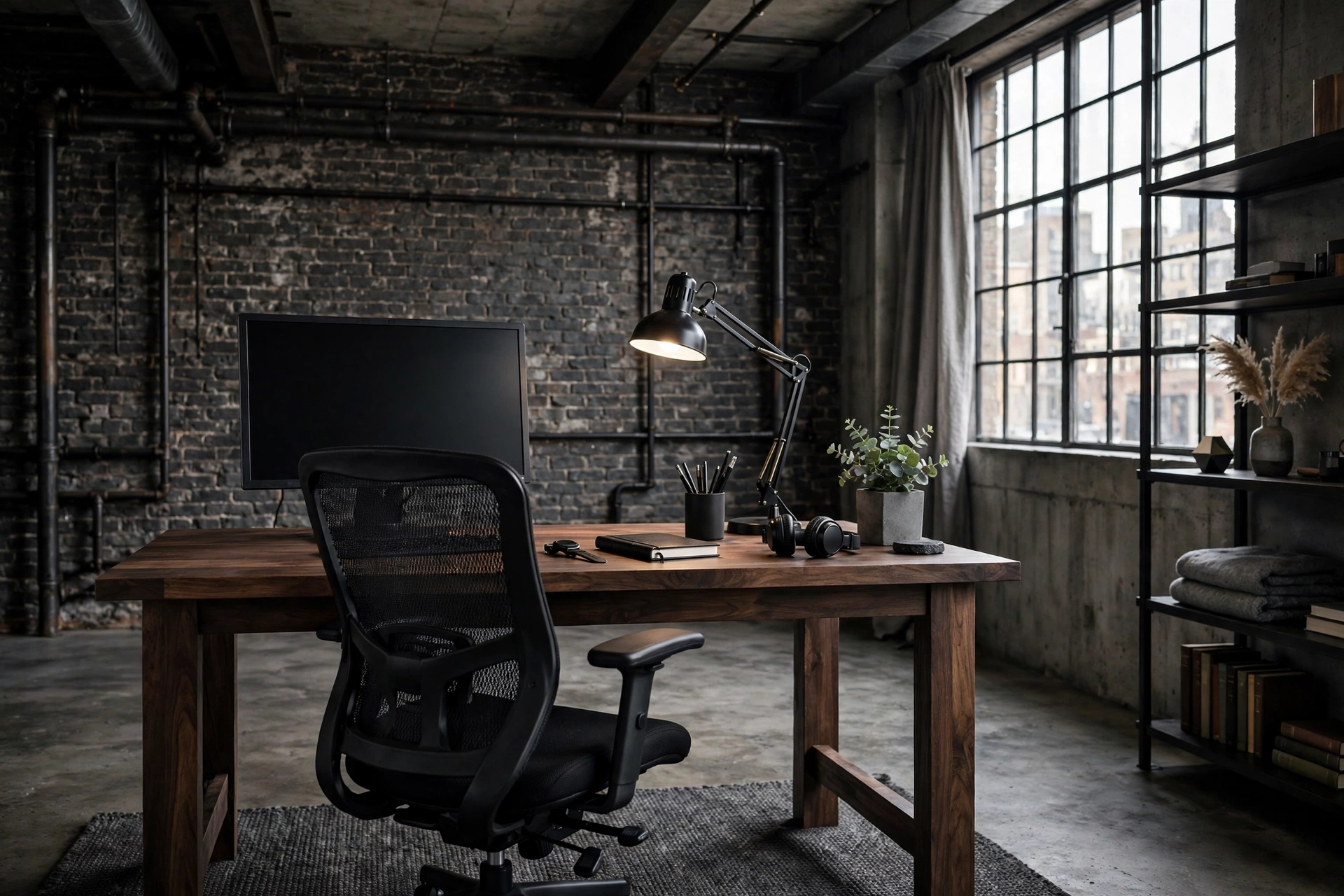 Black ergonomic office chair at a wood desk in a masculine studio apartment