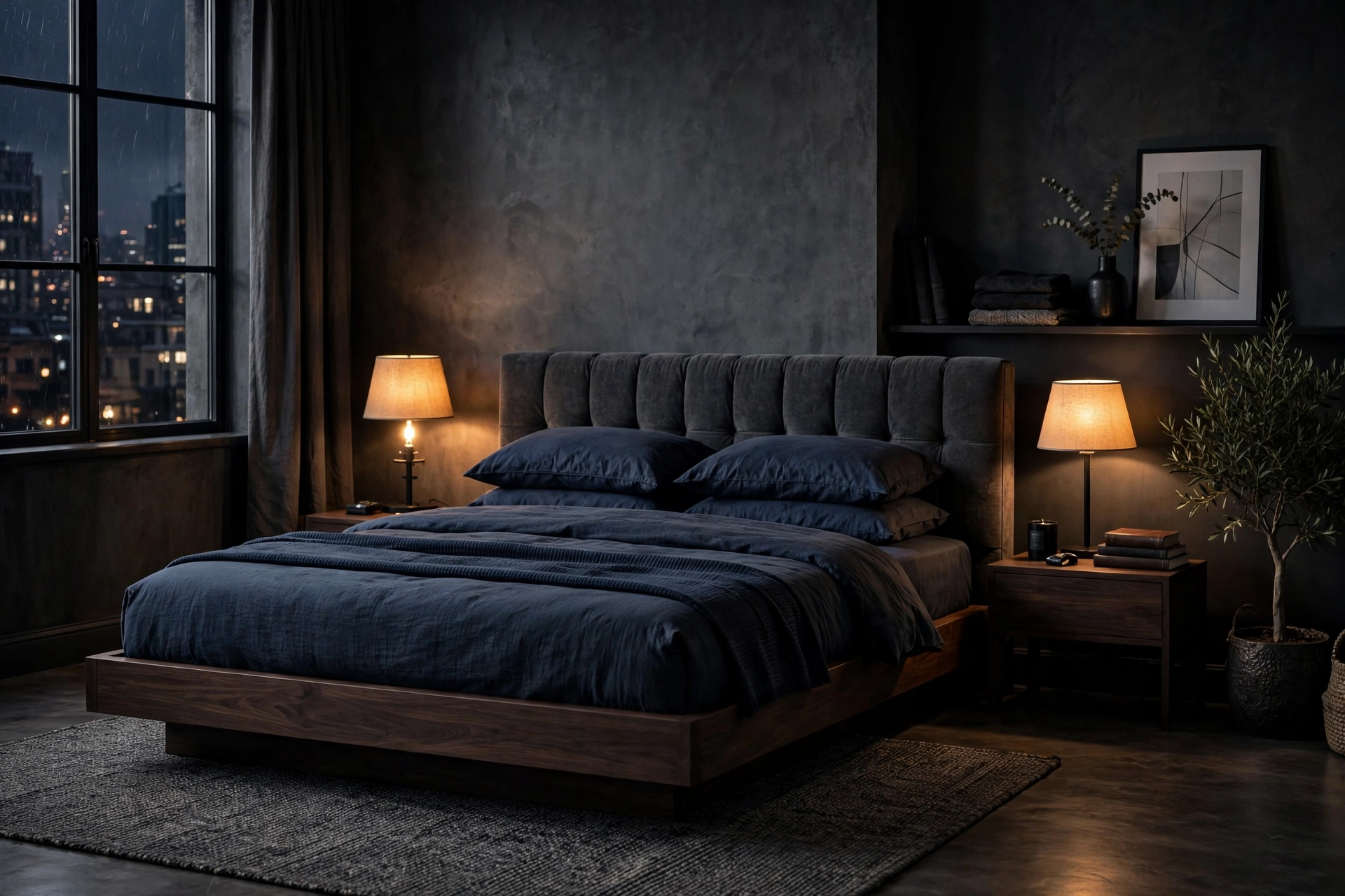 Low dark wood platform bed with upholstered headboard in a masculine studio sleeping zone