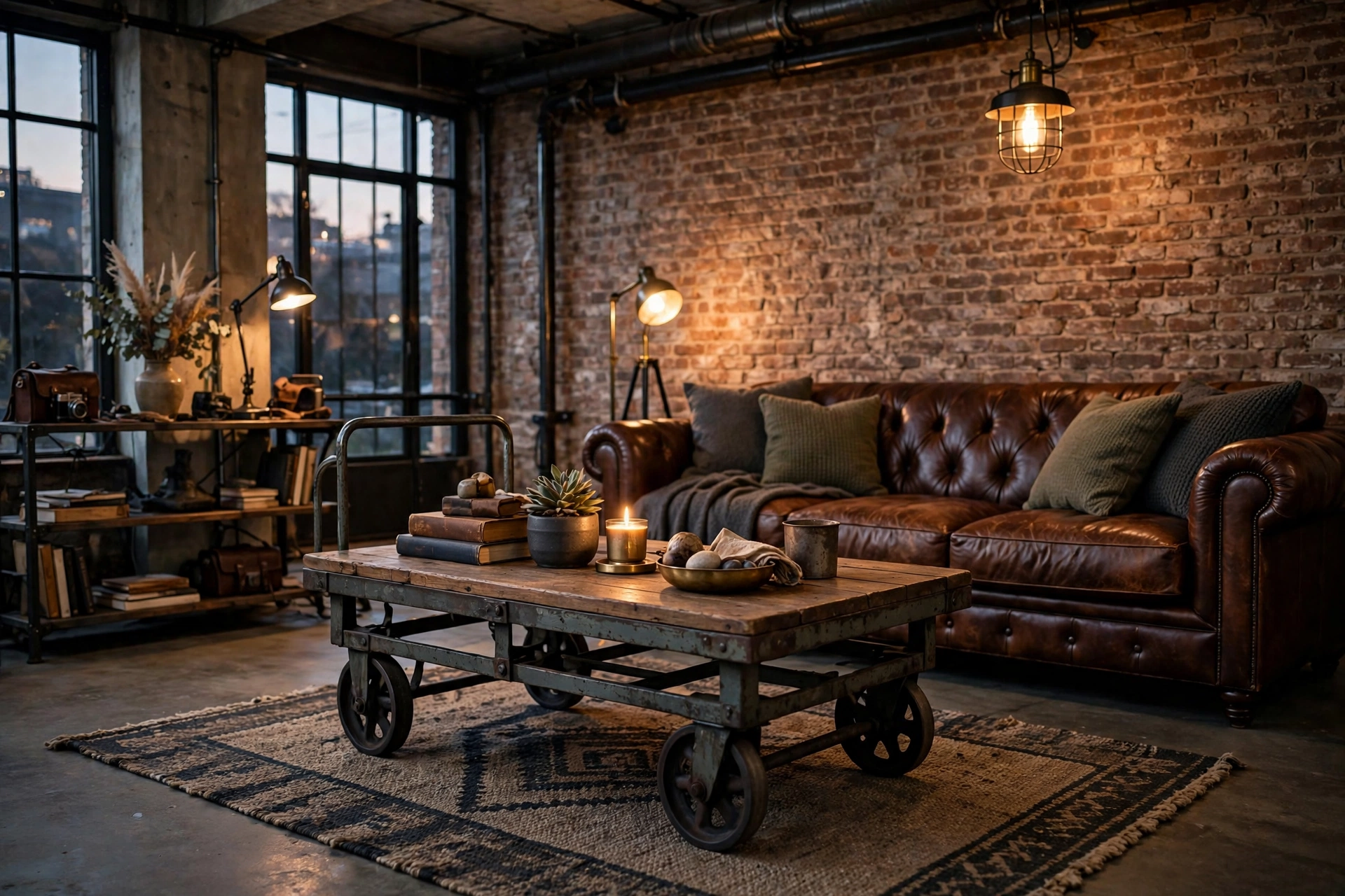 Vintage industrial factory cart coffee table in a masculine studio living room