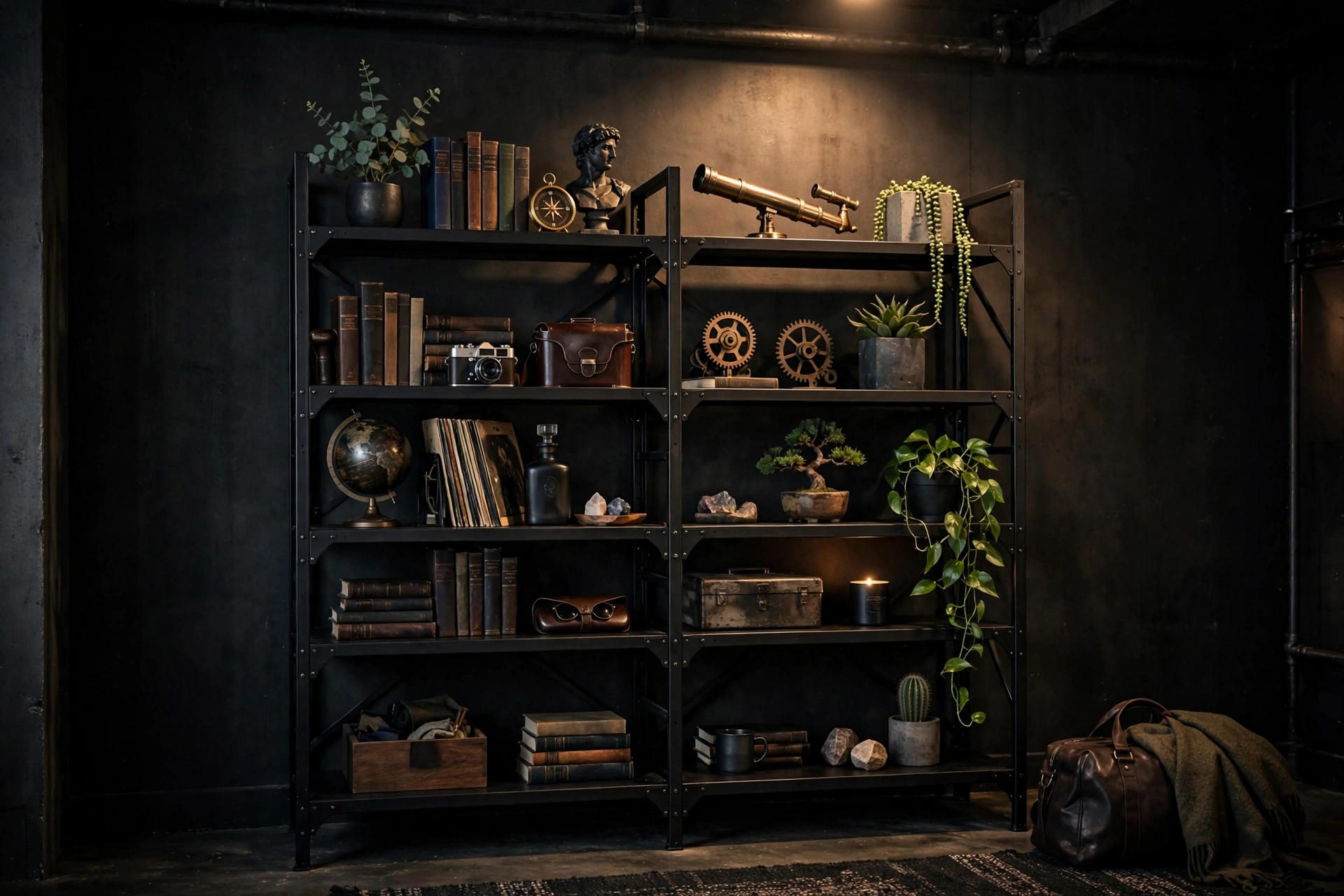 Black metal industrial shelving styled with books and gear in a masculine studio