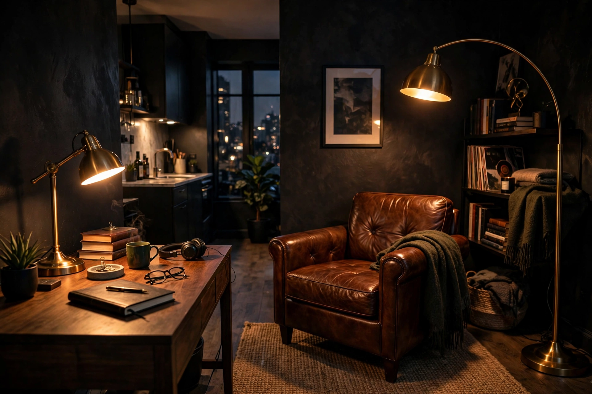 Warm layered task lighting with desk lamp and floor lamp in a masculine studio at evening