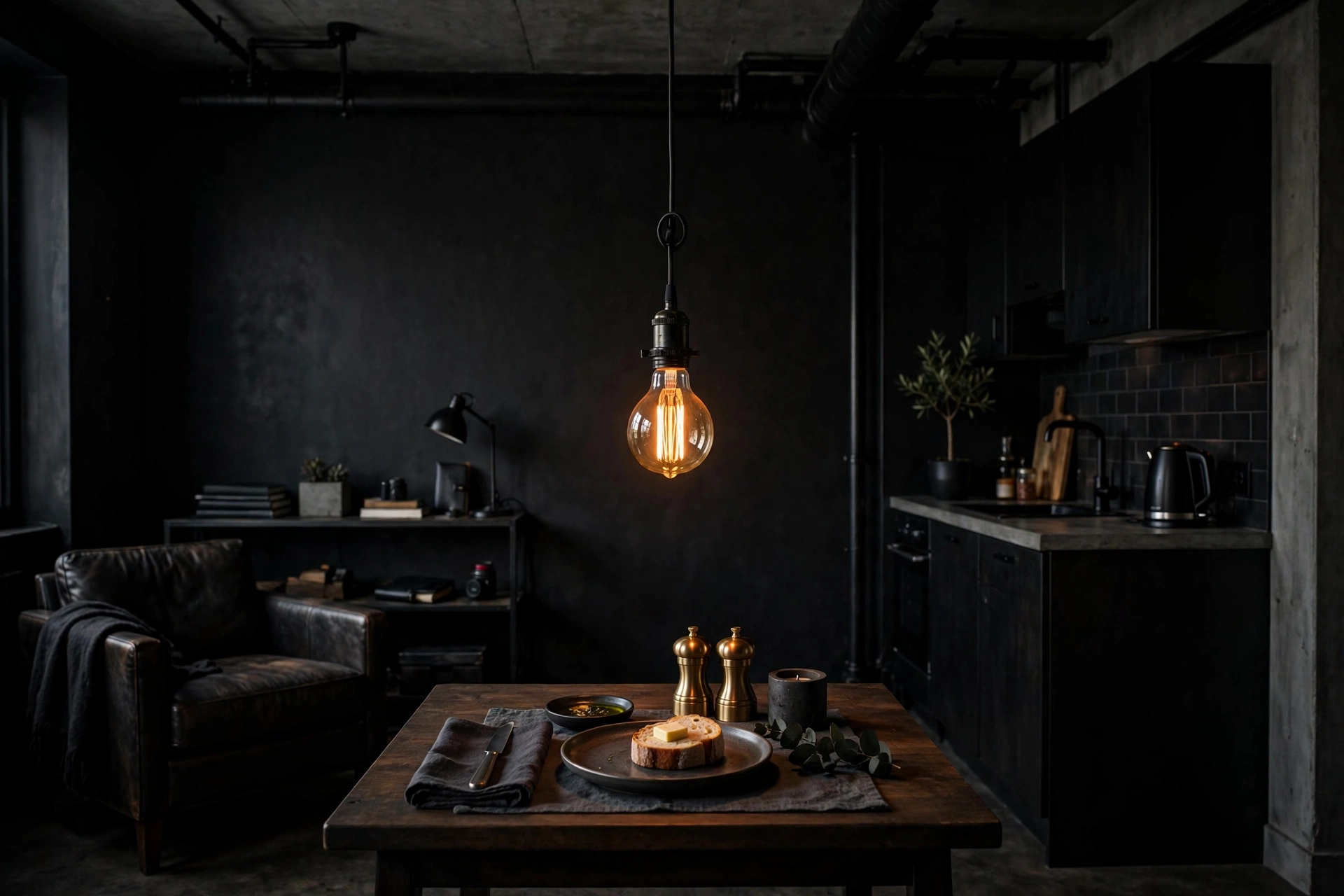 Edison filament pendant light in black metal over a dining nook in a masculine studio