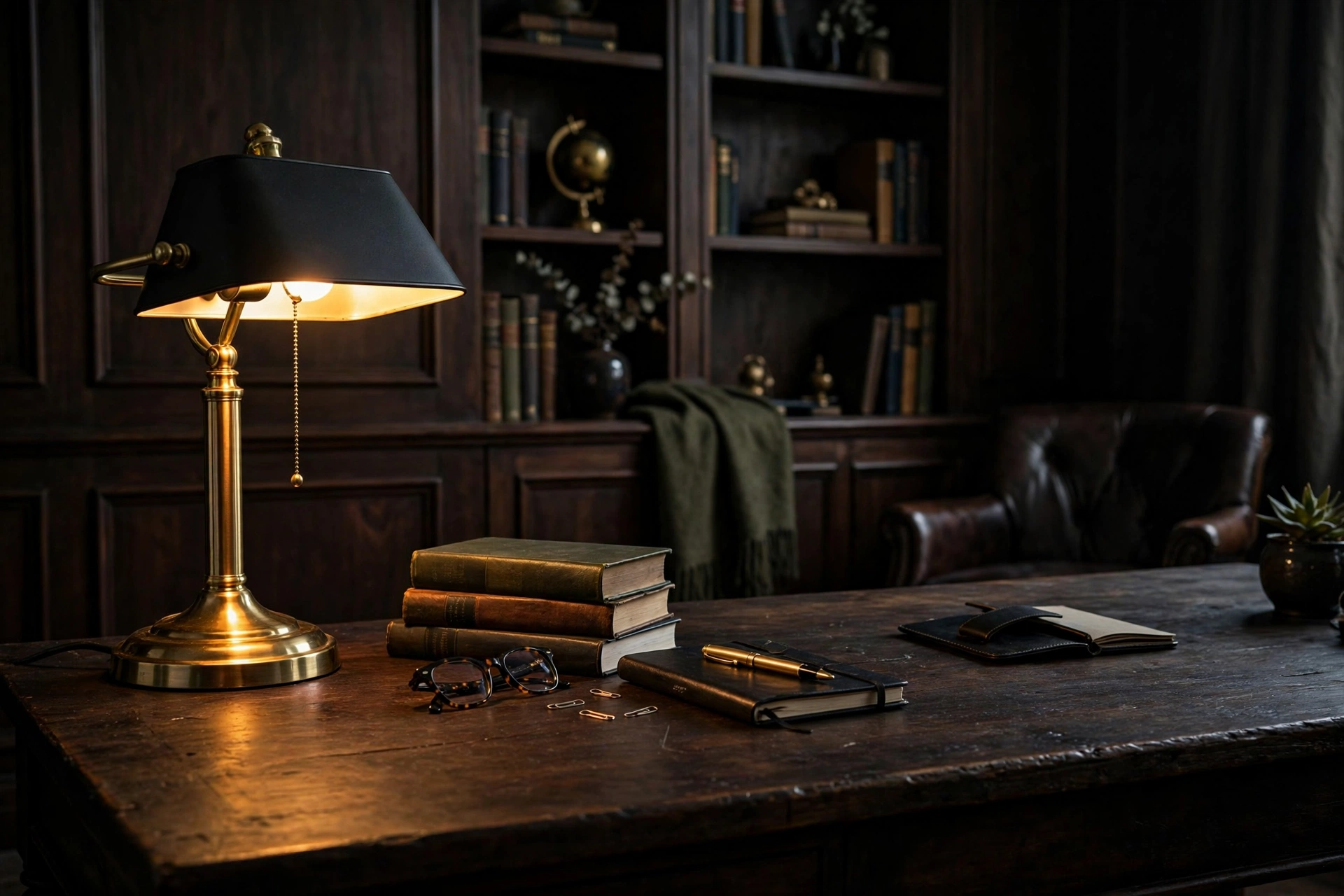 Brass bankers lamp with black shade on a wood desk in a masculine studio office