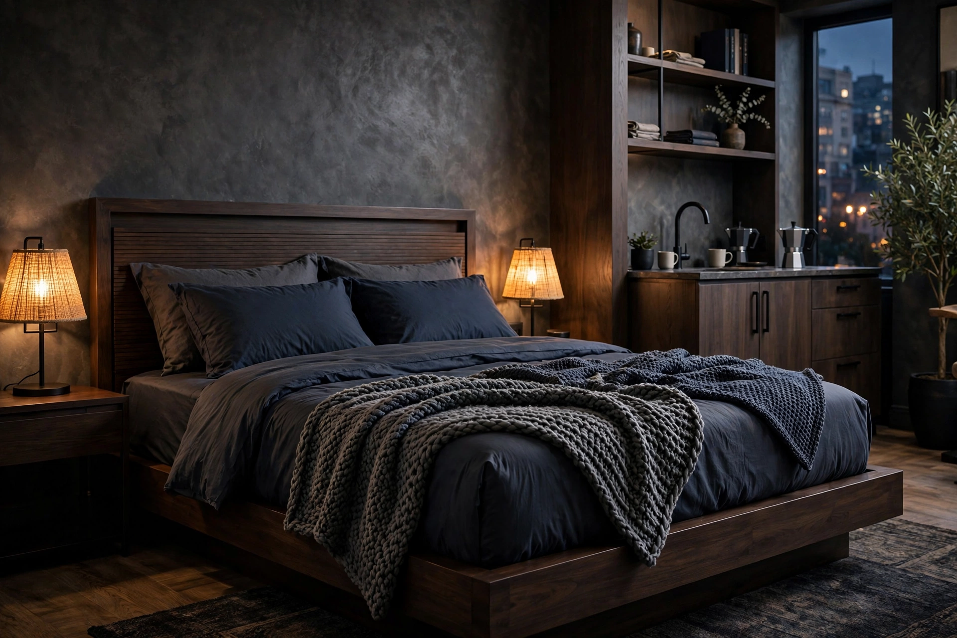 Charcoal and navy bedding with textured throw on a platform bed in a masculine studio