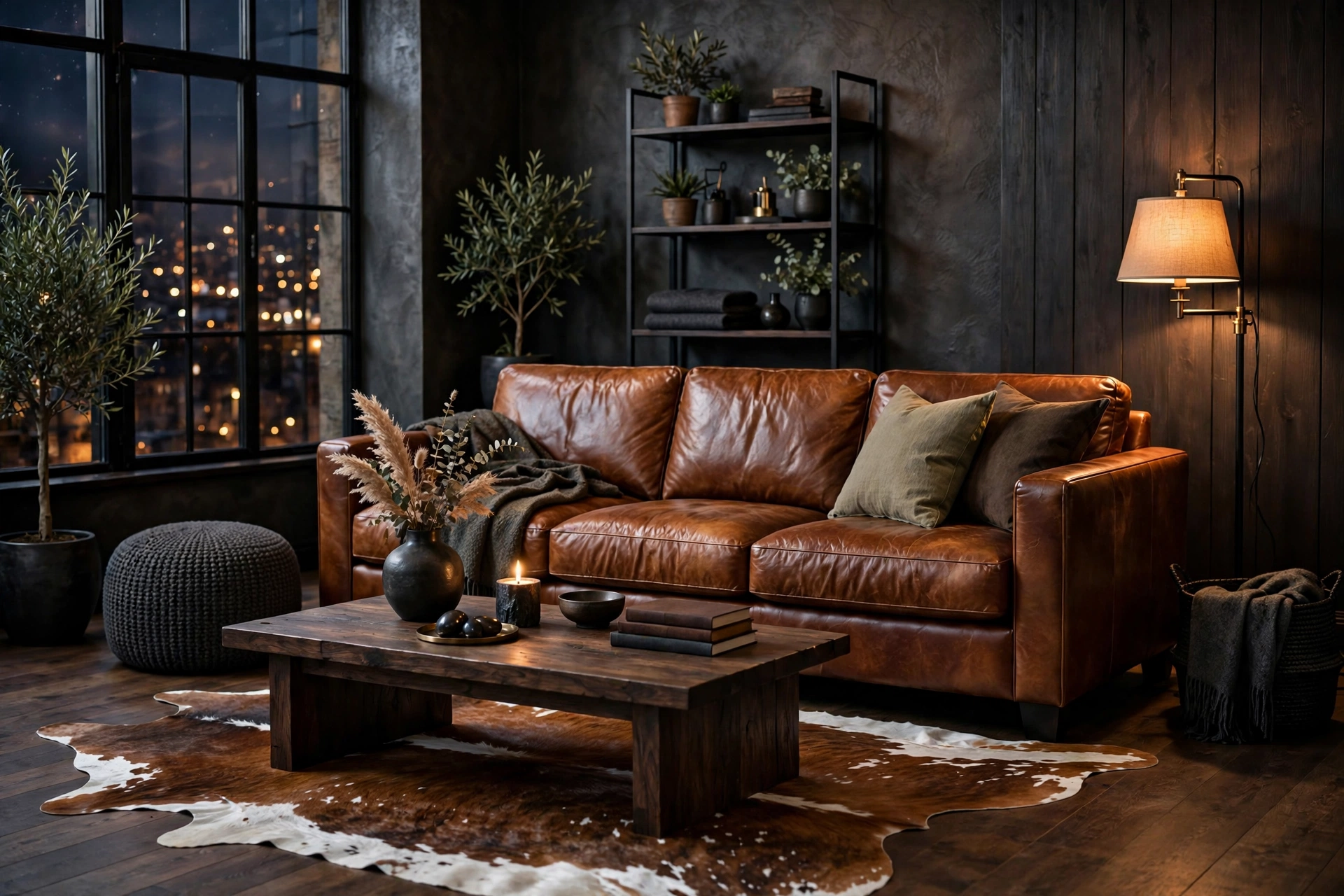 Cowhide rug under a leather sofa in a masculine studio apartment living zone