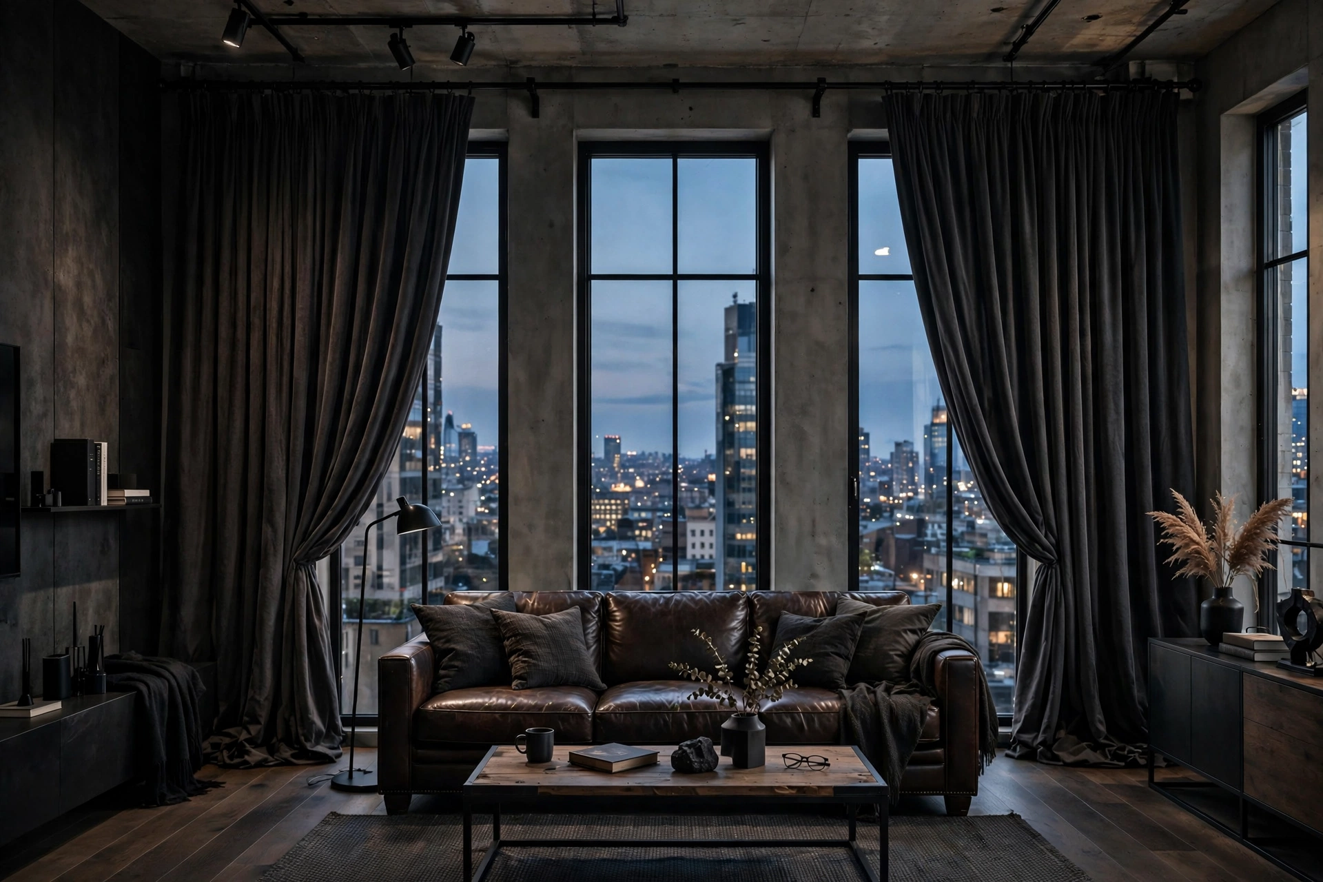 Heavy charcoal curtains hung high in a masculine studio apartment living area
