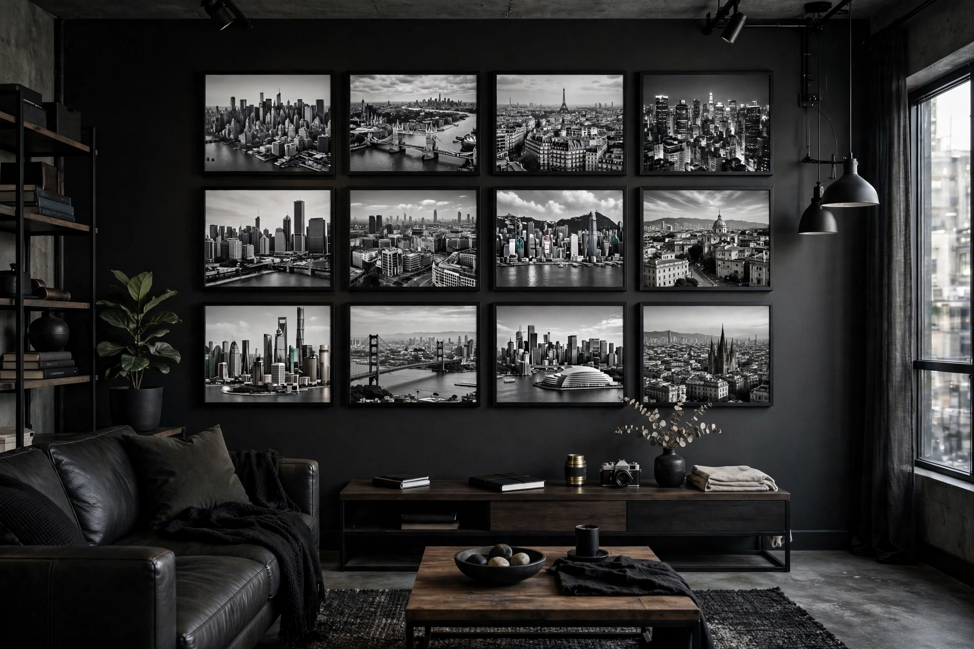 Black and white photography gallery wall in thin black frames in a masculine studio