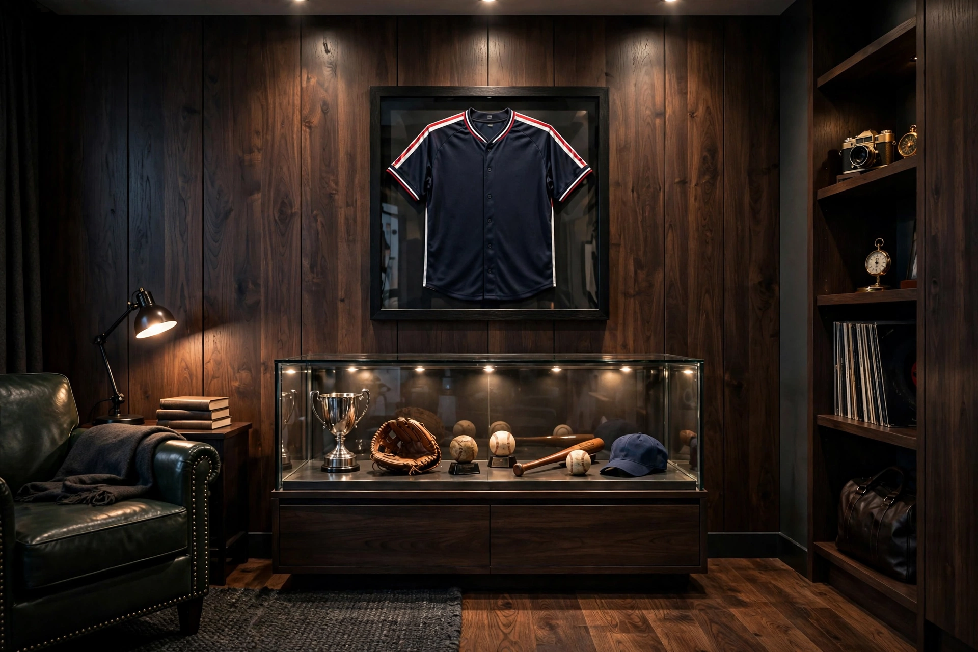 Curated sports memorabilia with framed jersey in a masculine studio apartment