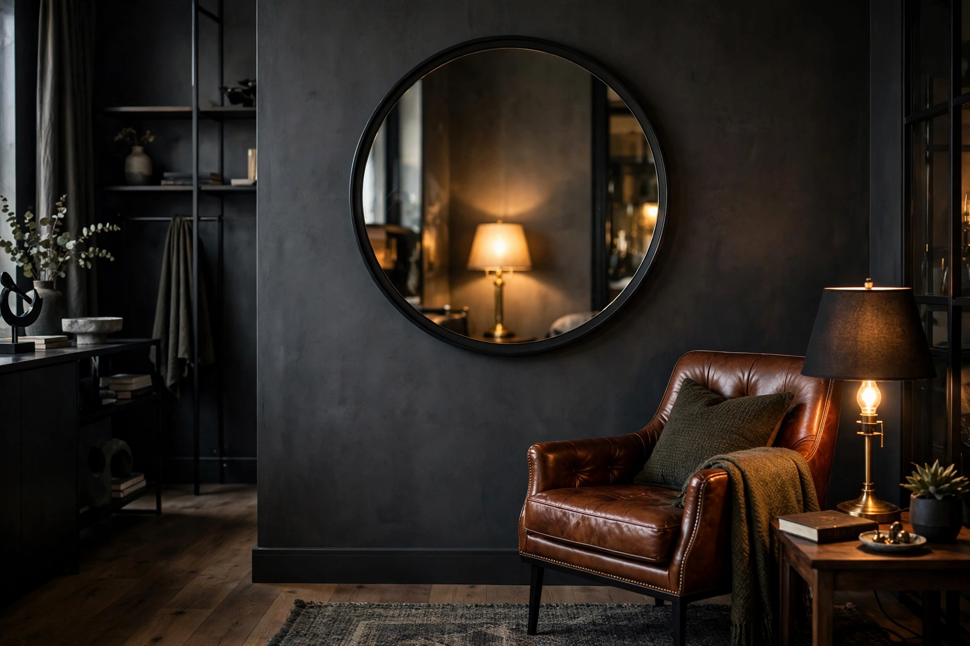 Large round mirror in black frame on a charcoal wall in a masculine studio