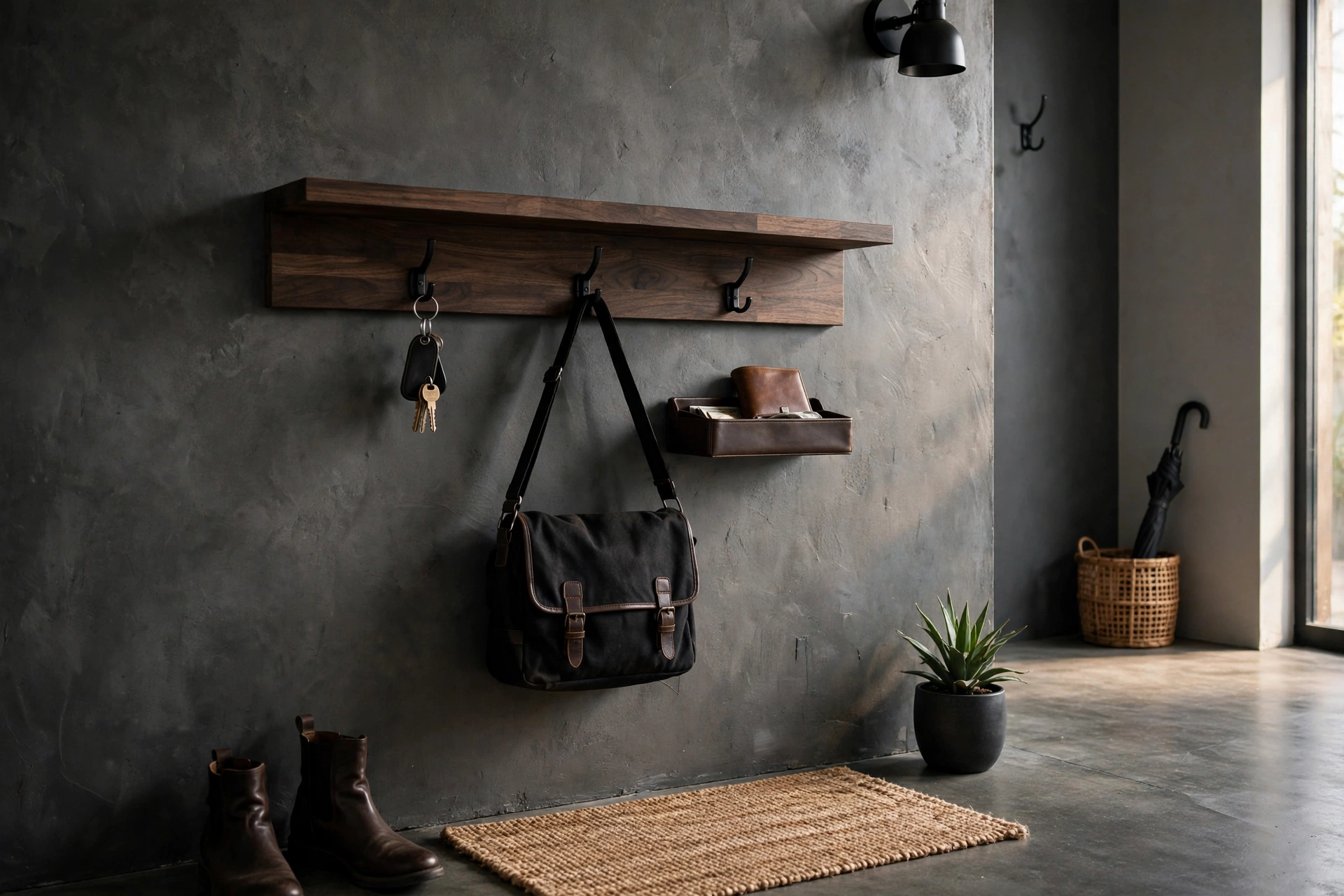 Wall mounted entry drop zone with hooks and tray in a masculine studio apartment