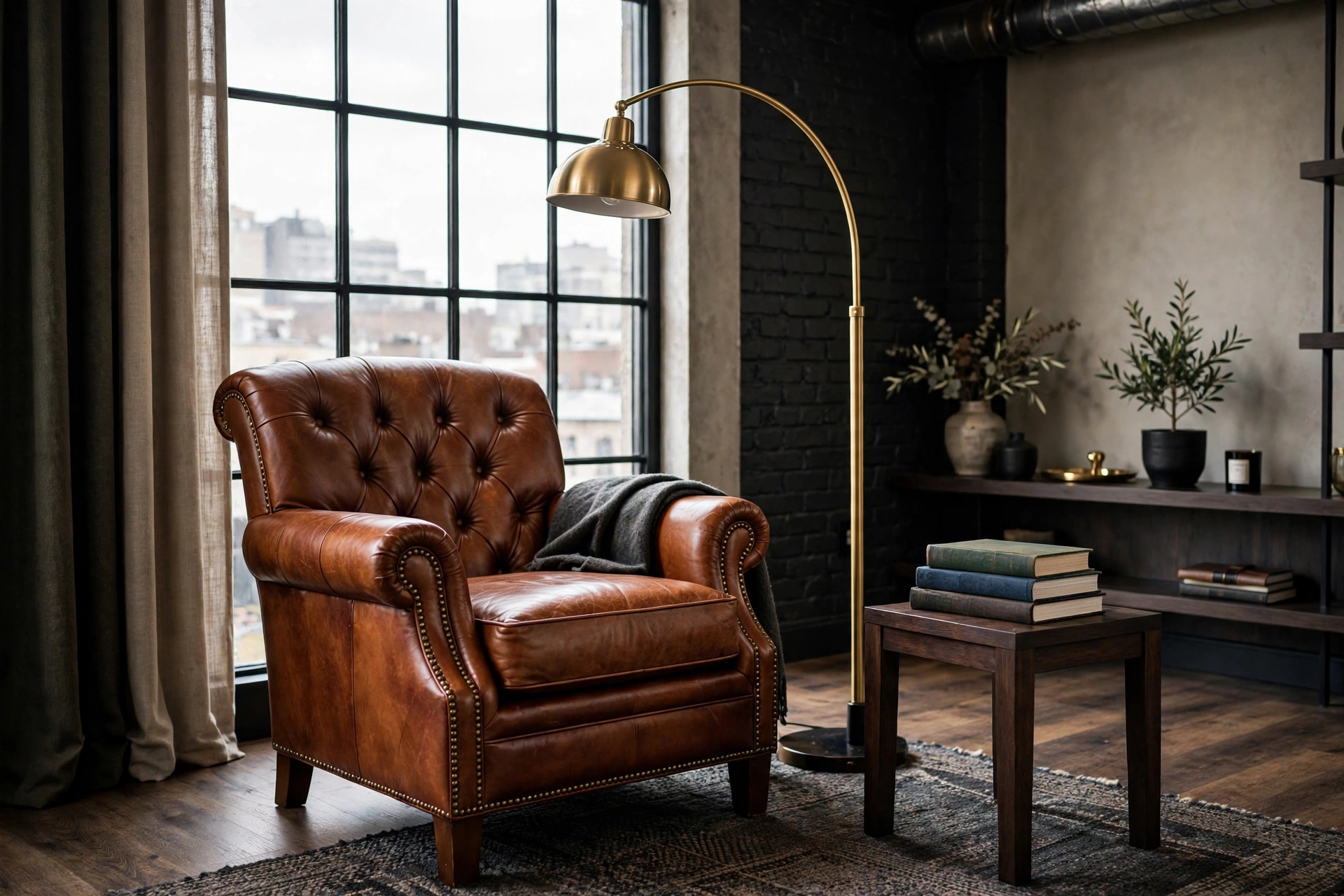 Leather club chair with floor lamp as reading corner in a masculine studio