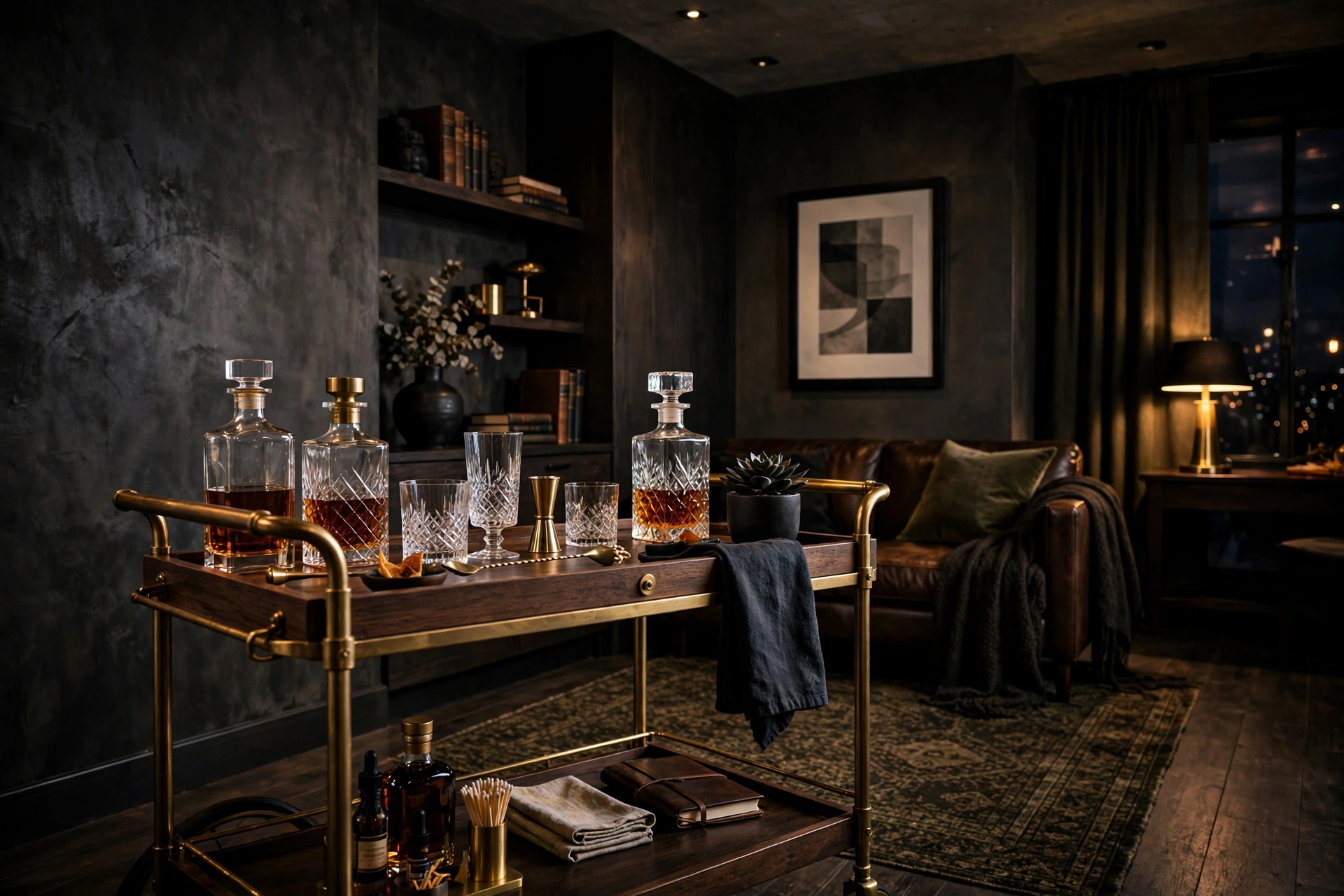 Styled bar cart with decanters and glassware in a masculine studio apartment