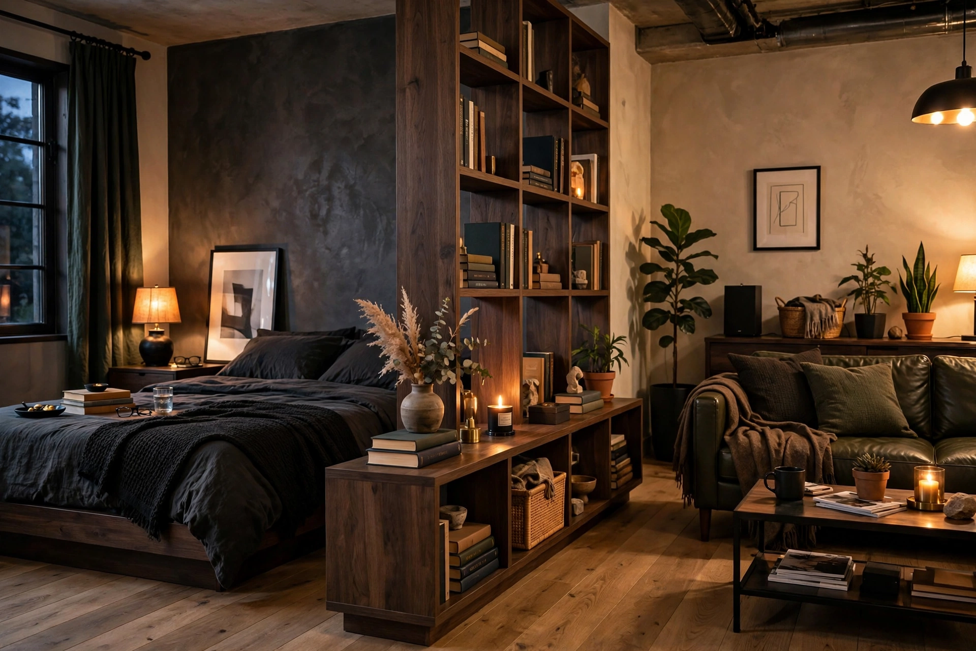 Low dark wood bookshelf dividing bedroom zone in a masculine studio apartment